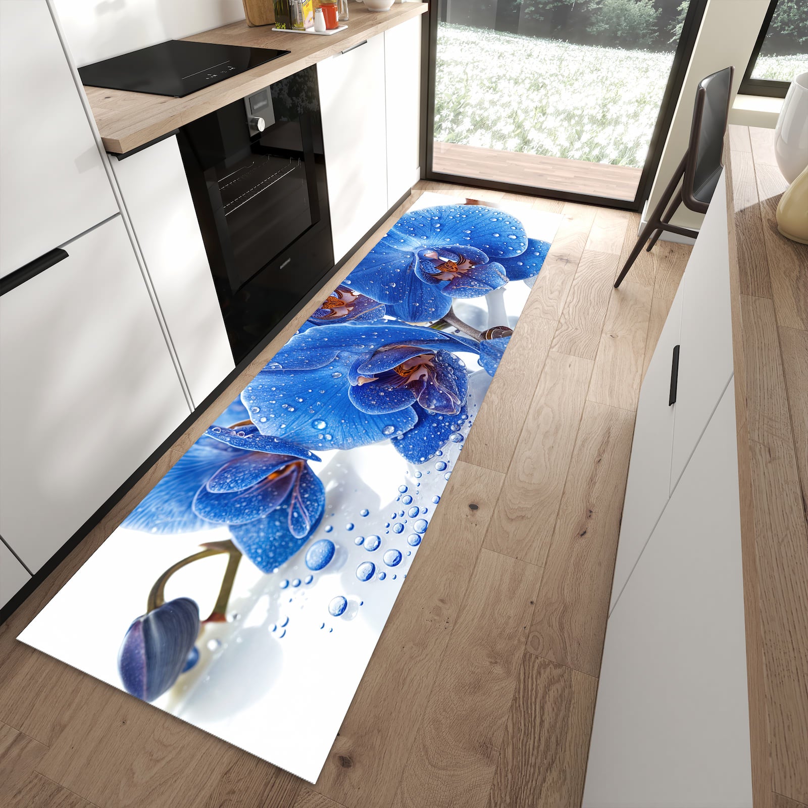 Bodenschonender Küchenteppich mit Motiv Blaue Orchideen in moderner Küche