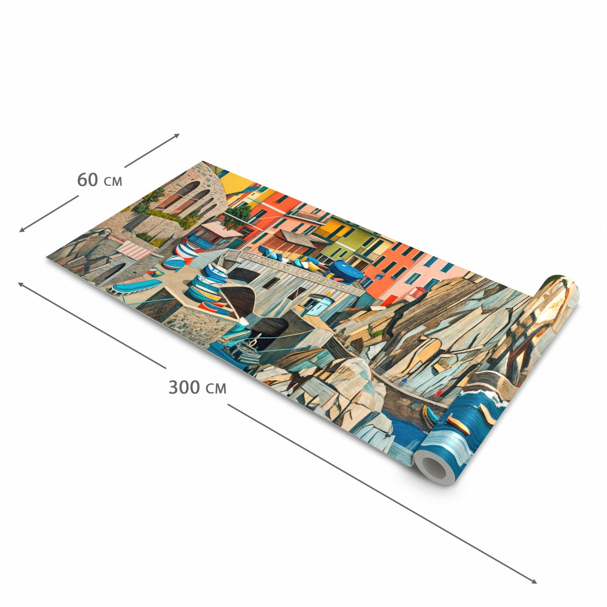 Waschbarer Küchenteppich mit Motiv Bunte Küstenstadt in der Grösse 60x240 cm für Trittkomfort