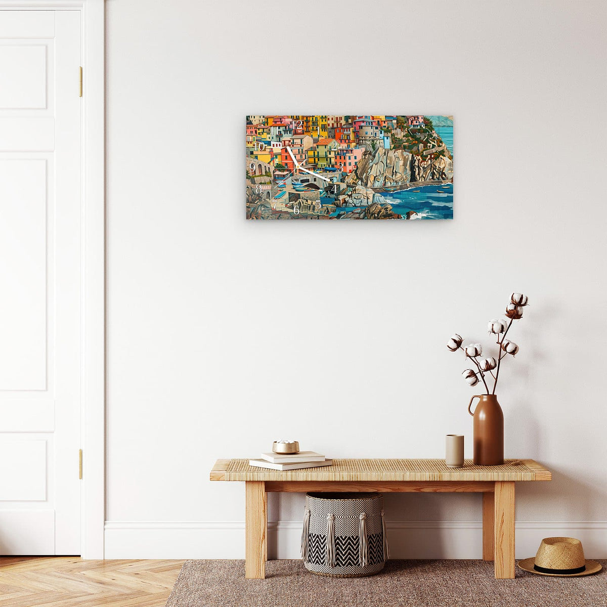 Moderne Wanduhr aus Glas mit Farbtiefe – Wanduhr Bunte Küstenstadt aus Glas – Querformat 60 × 30 cm