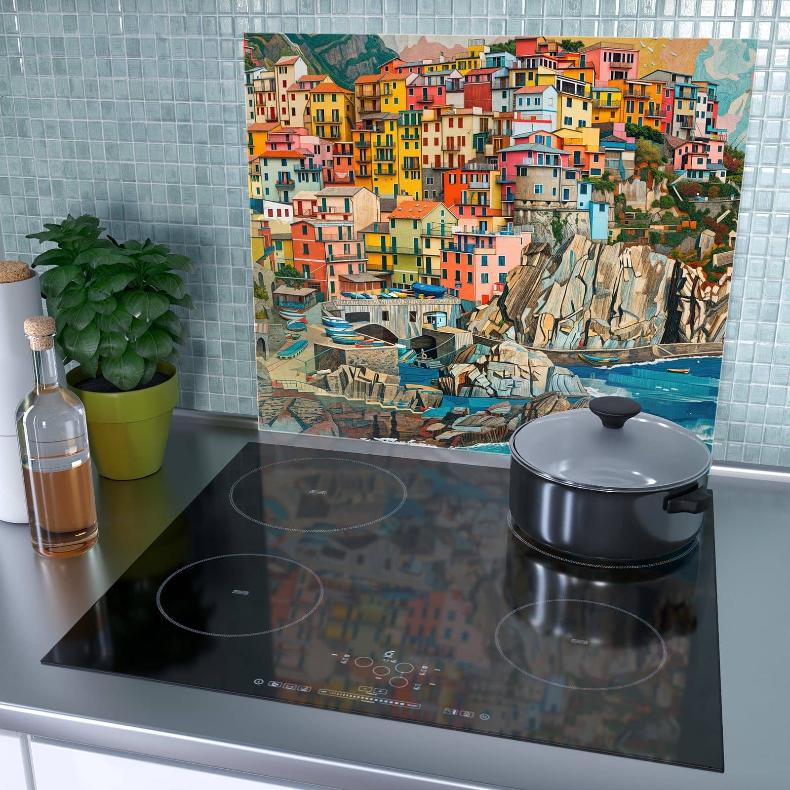 1-teilige Herdabdeckplatten aus Glas mit Bunte Küstenstadt-Motiv als Spritzschutz hinter dem Kochfeld
