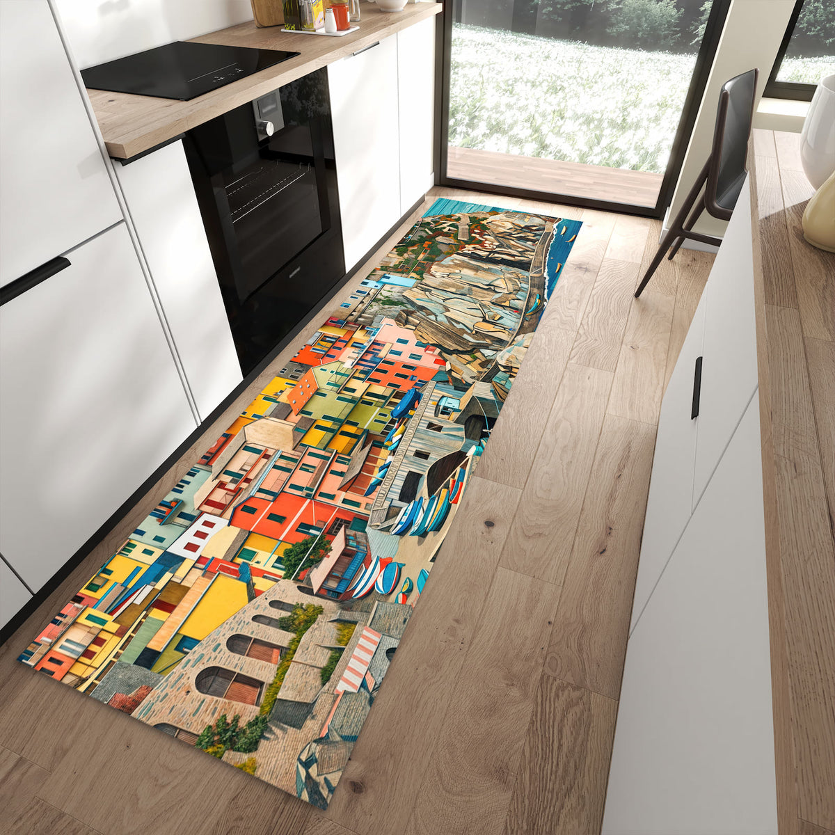 Langlebiger Küchenteppich mit Motiv Bunte Küstenstadt in moderner Küche