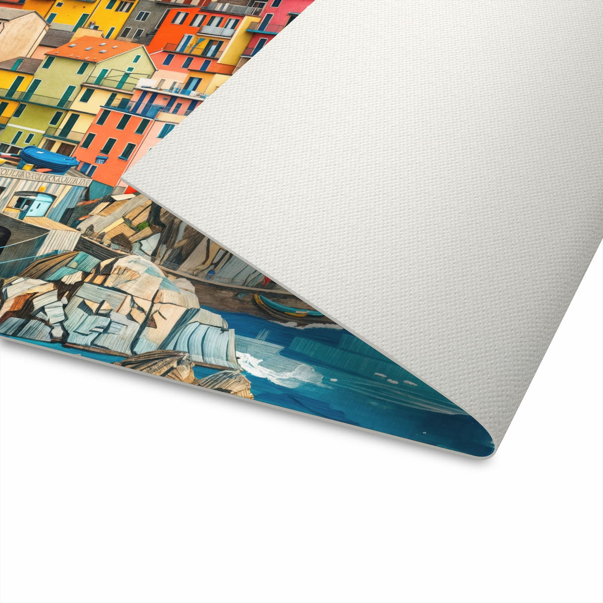 Feuchtigkeitsresistenter Küchenläufer mit Motiv Bunte Küstenstadt für die Unterseite