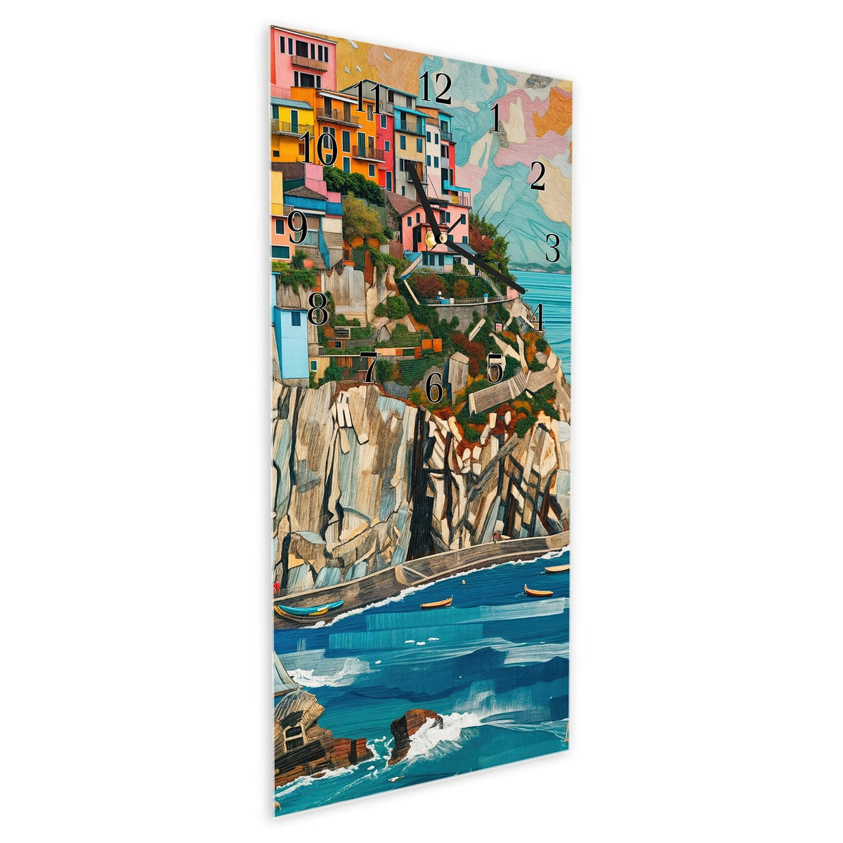 Vormontiert – mit Schwebeeffekt – Wanduhr Bunte Küstenstadt aus Glas – Hochformat 30 × 60 cm