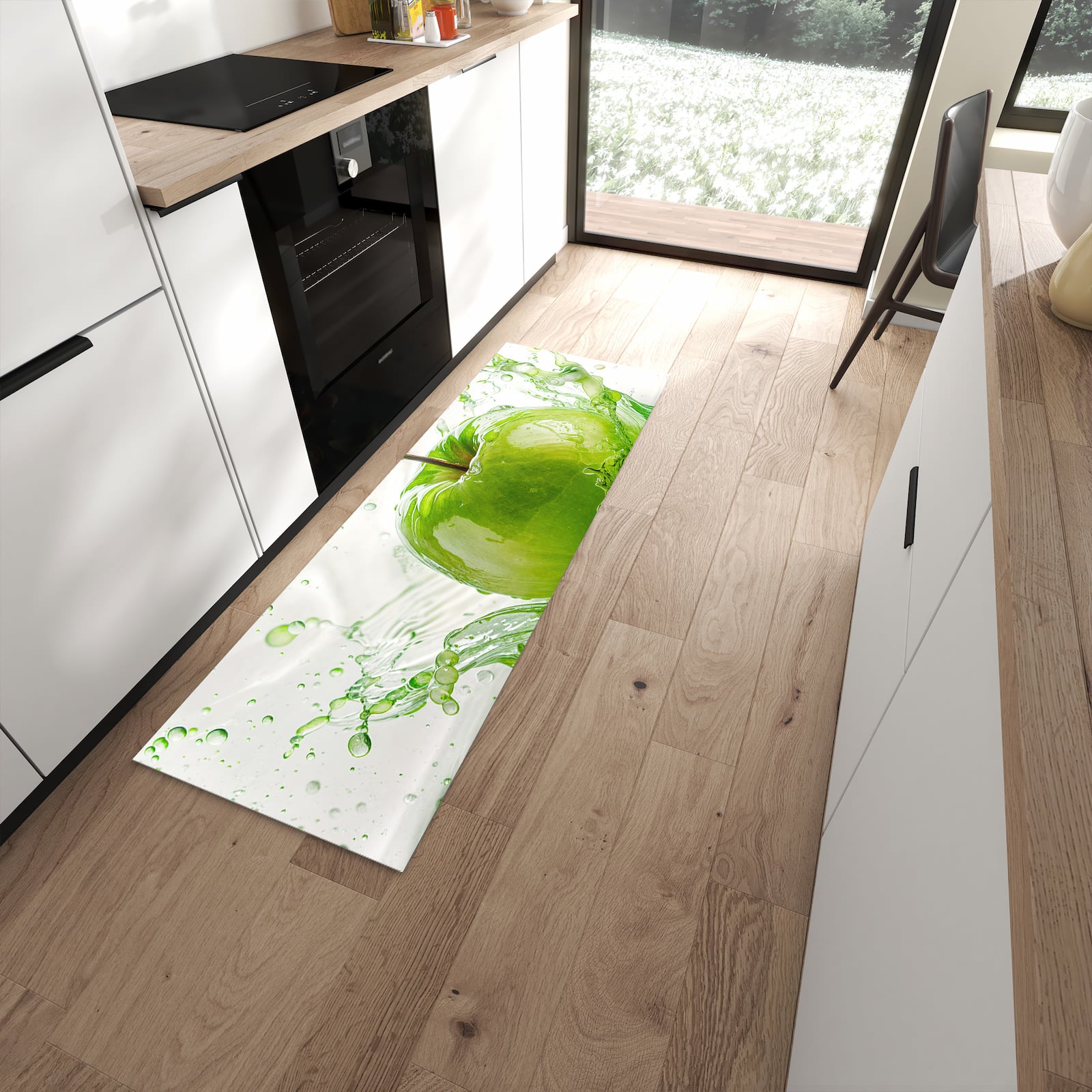 Strapazierfähiger waschbarer Küchenteppich mit Motiv Splash Apfel in moderner Küche