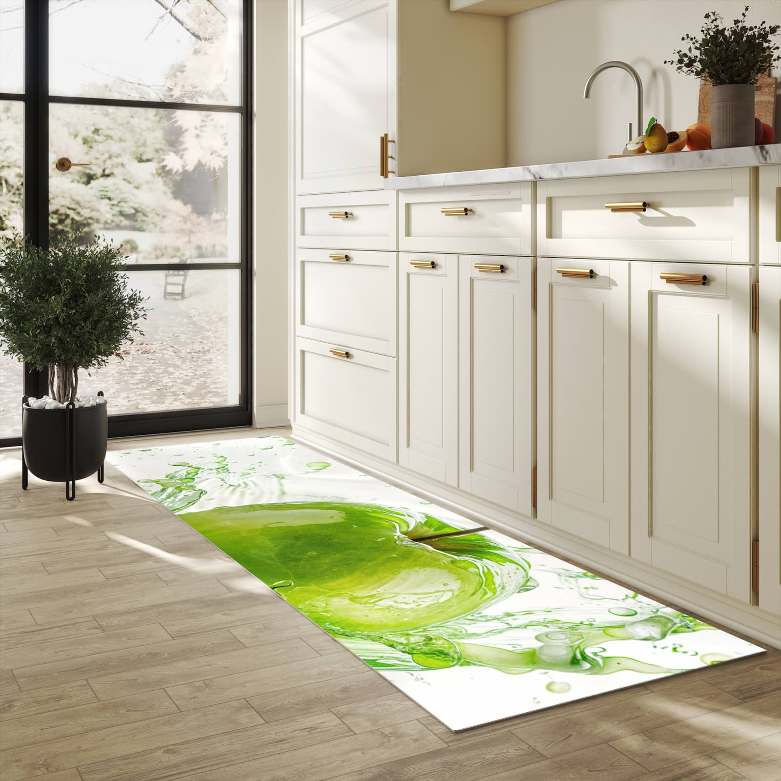 Fleckenresistenter Küchenläufer mit Motiv Splash Apfel in heller Küche