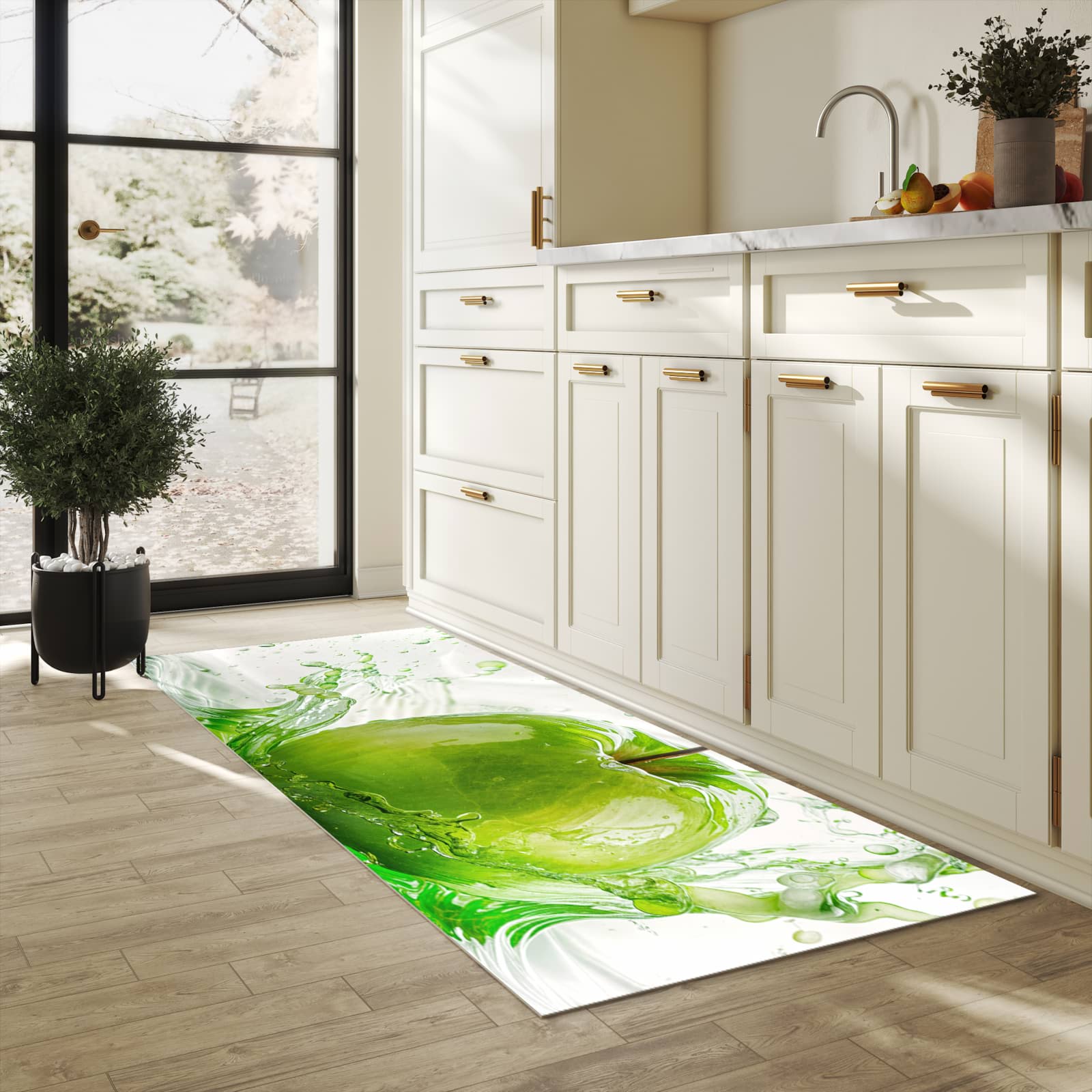 Langlebiger rutschfester Küchenläufer mit Motiv Splash Apfel in heller Küche