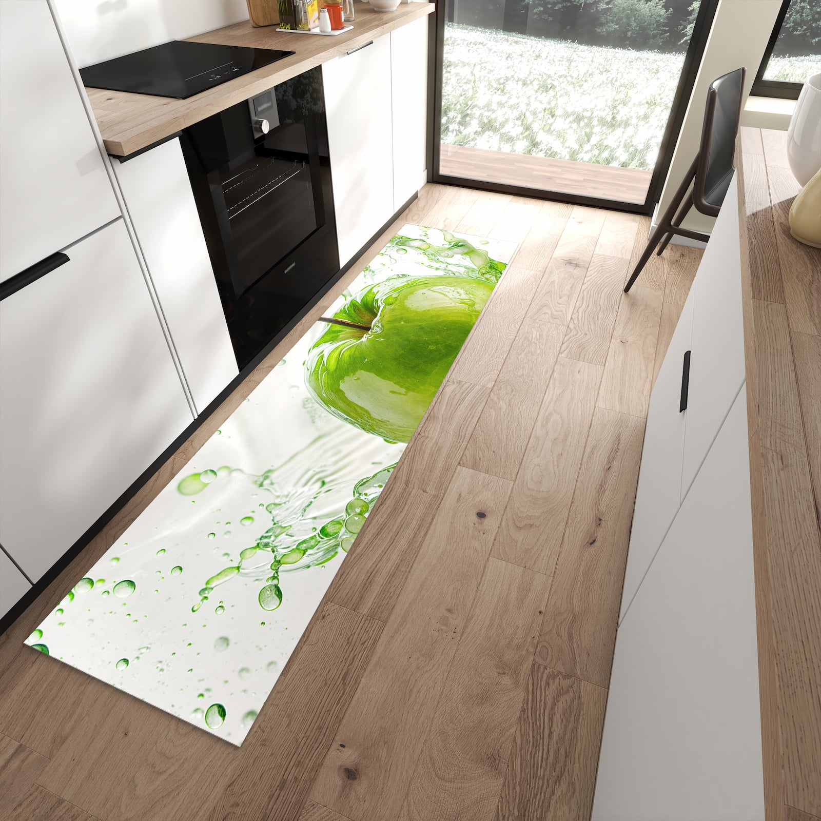 Waschbarer großer Küchenteppich mit Motiv Splash Apfel in moderner Küche