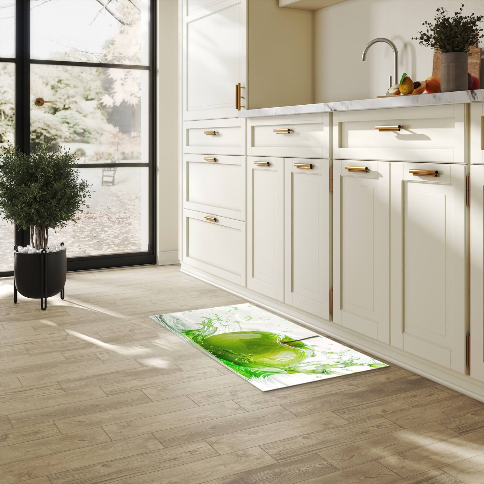 Farbbeständiger Küchenteppich mit Motiv Splash Apfel in heller Küche