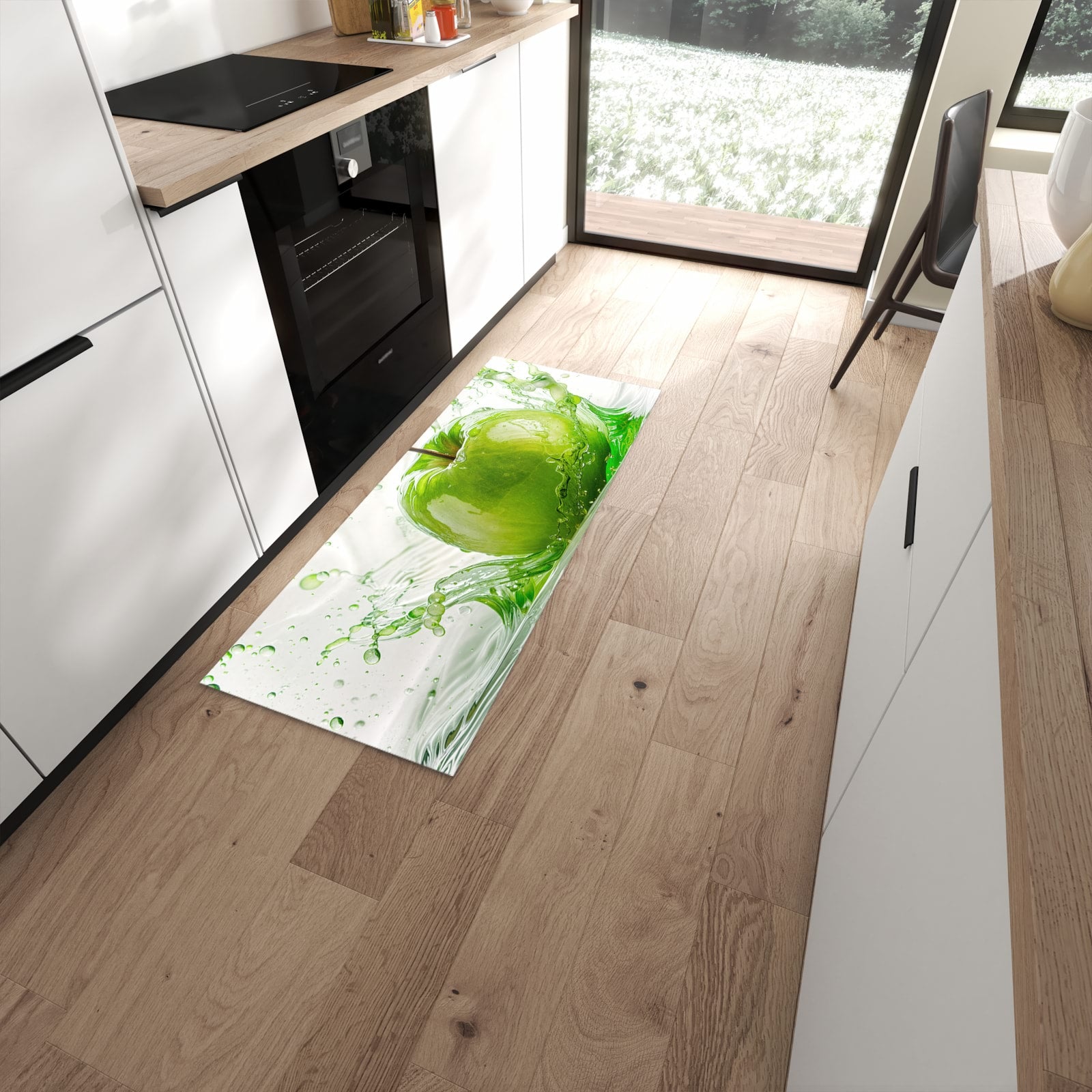 Hygienischer Küchenteppich mit Motiv Splash Apfel in moderner Küche - leicht waschbar #grösse_60 x 150 cm