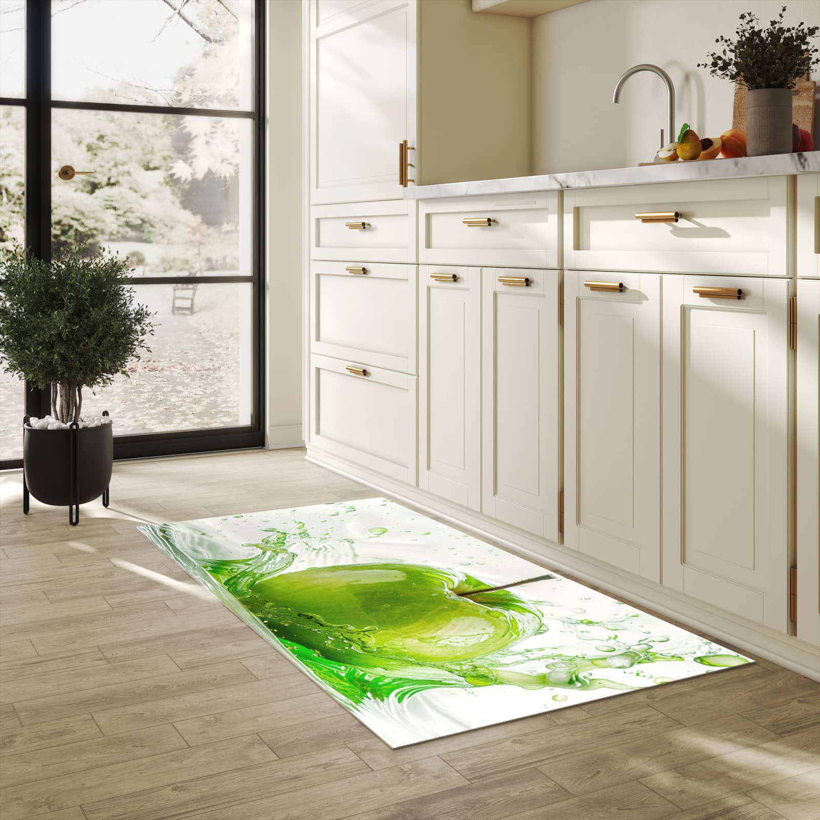 Geruchsneutraler rutschfester Küchenläufer mit Motiv Splash Apfel in heller Küche