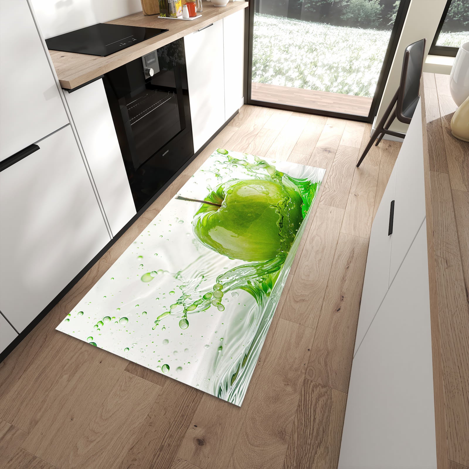 Formstabiler rutschfester Küchenläufer mit Motiv Splash Apfel in moderner Küche