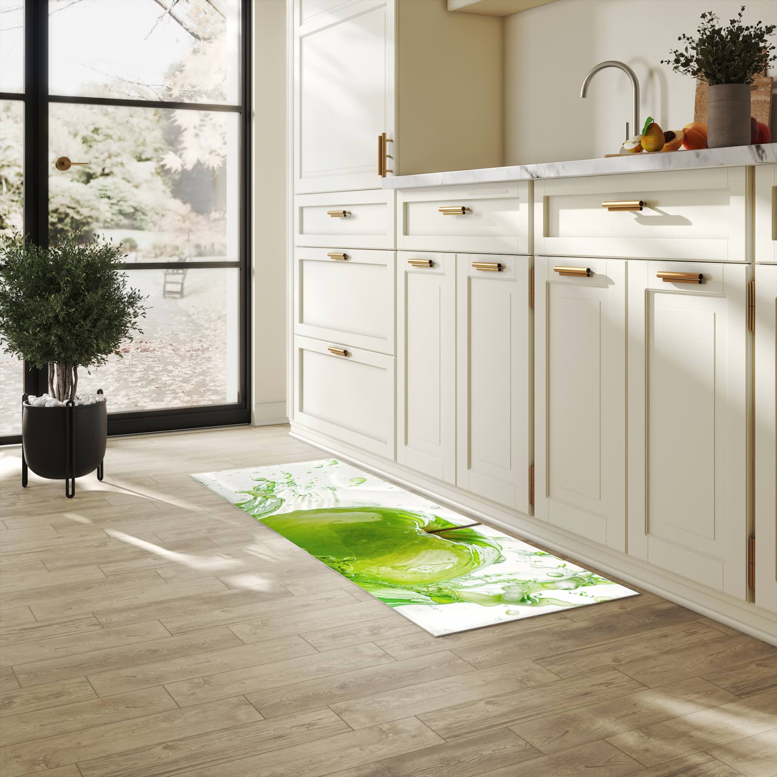 Küchenteppich mit Motiv Splash Apfel in heller Küche für sicheres Aufbewahren