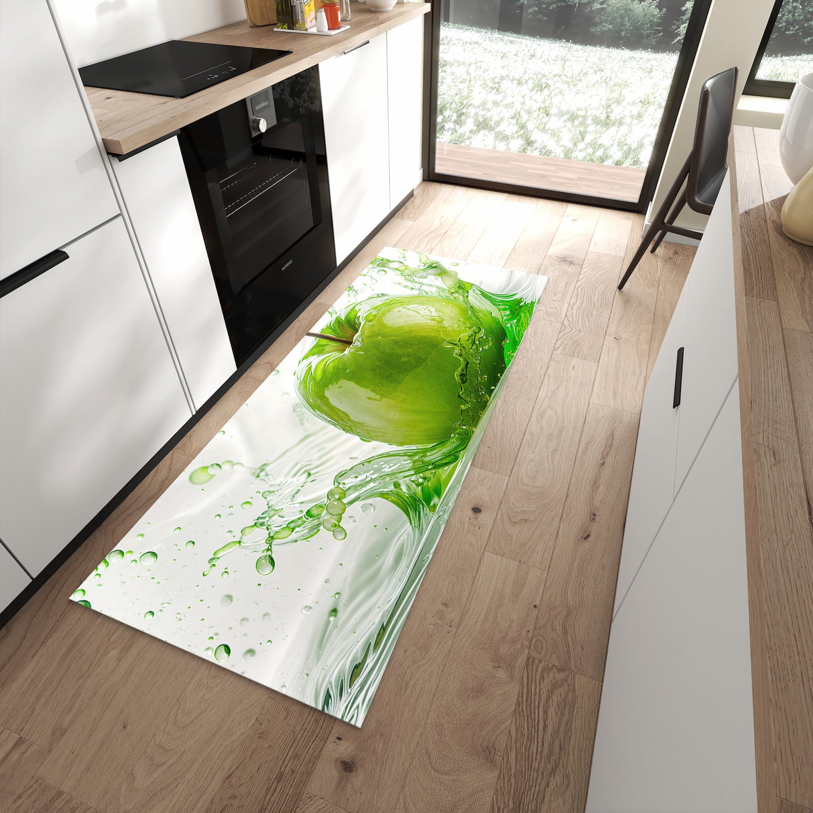 Bodenschonender Küchenläufer mit Motiv Splash Apfel in moderner Küche