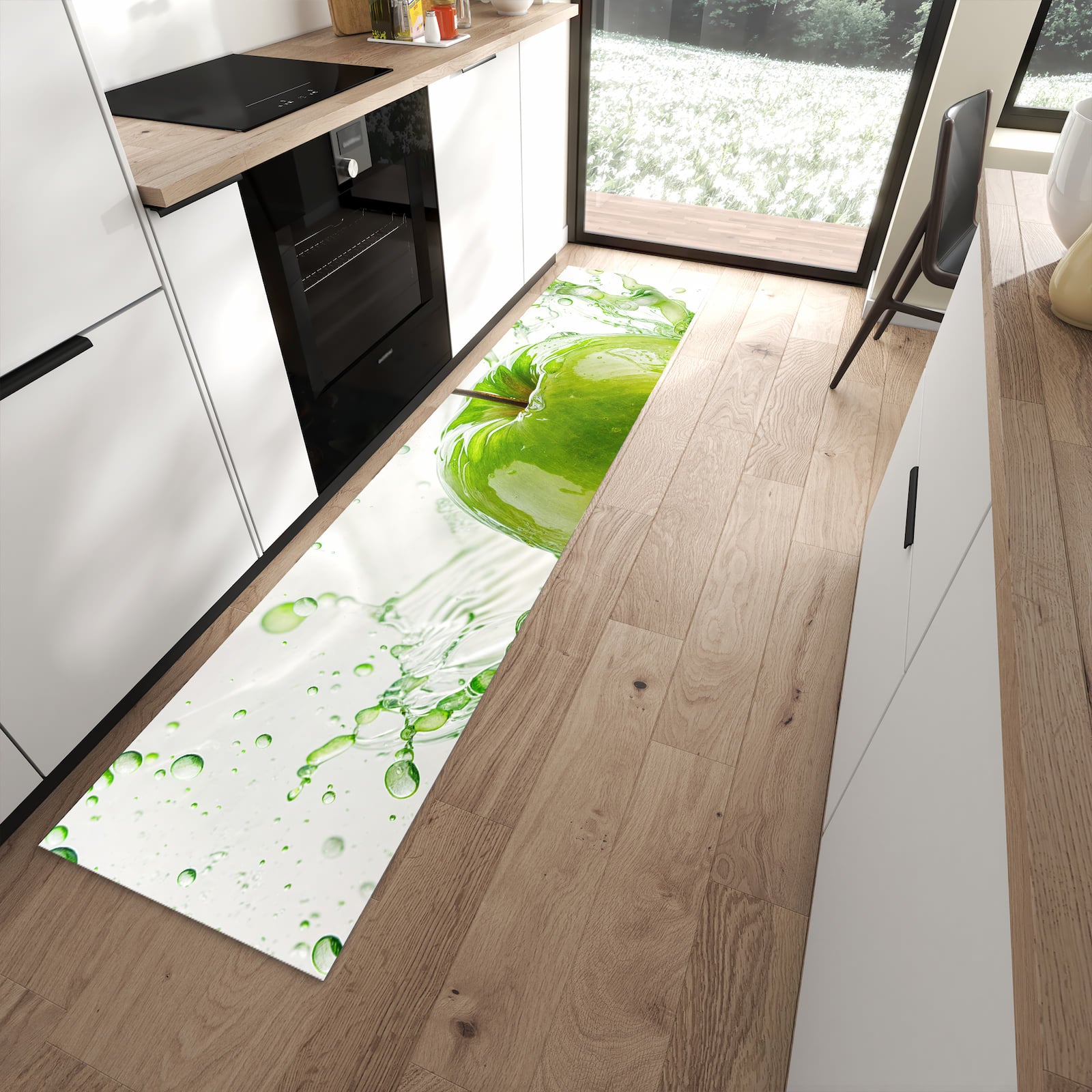 Langlebiger rutschfester Küchenteppich mit Motiv Splash Apfel in moderner Küche