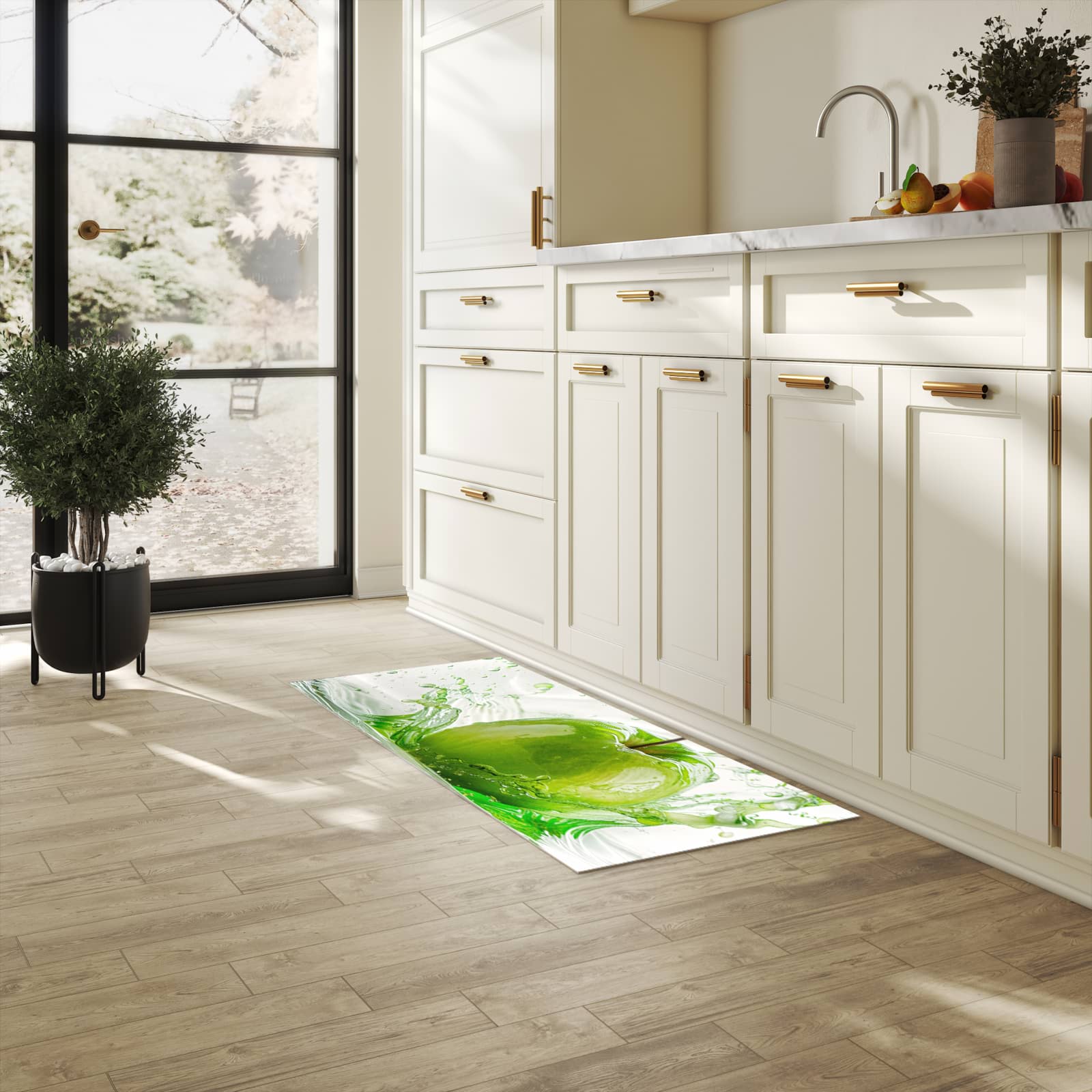 Formstabiler rutschfester Küchenteppich mit Motiv Splash Apfel in heller Küche