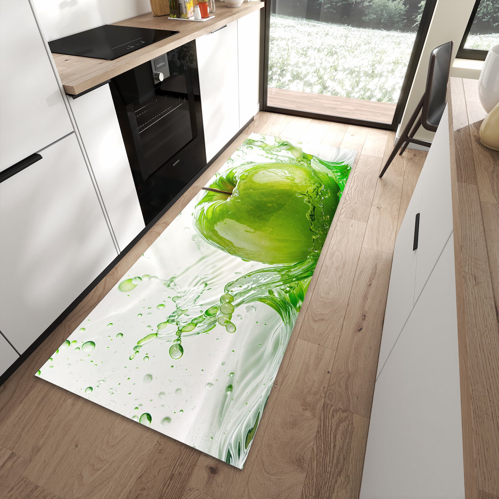 Waschbarer Küchenläufer mit Motiv Splash Apfel in moderner Küche für sicheres Aufbewahren
