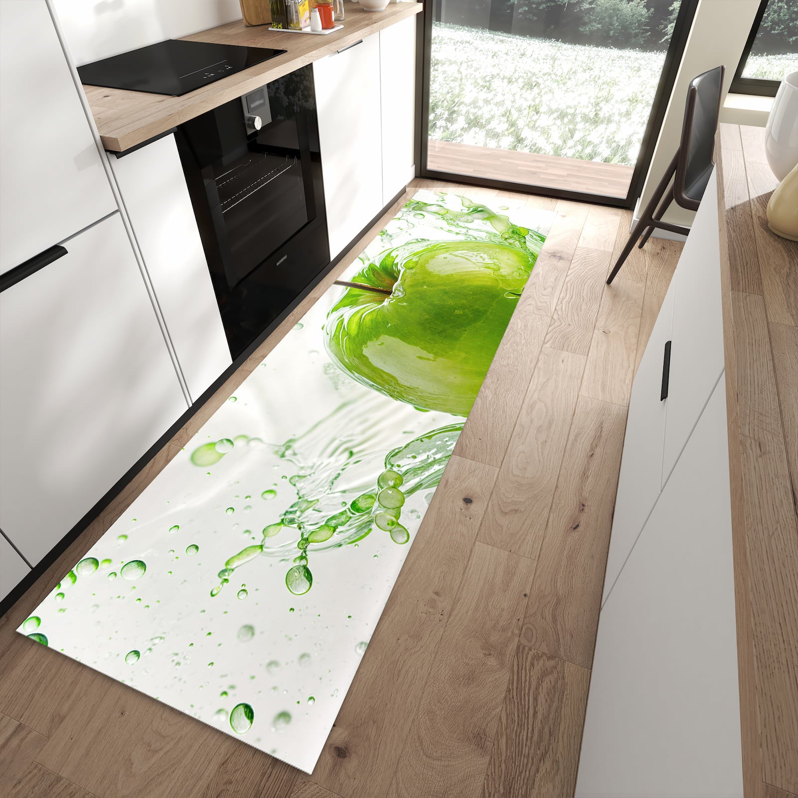 Bodenschonender Küchenläufer mit Motiv Splash Apfel in moderner Küche