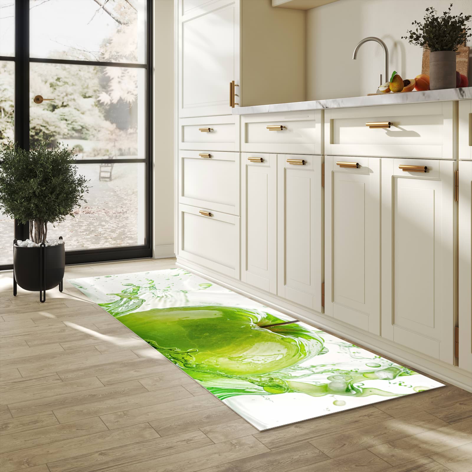 Wasserabweisender Küchenläufer mit Motiv Splash Apfel in heller Küche
