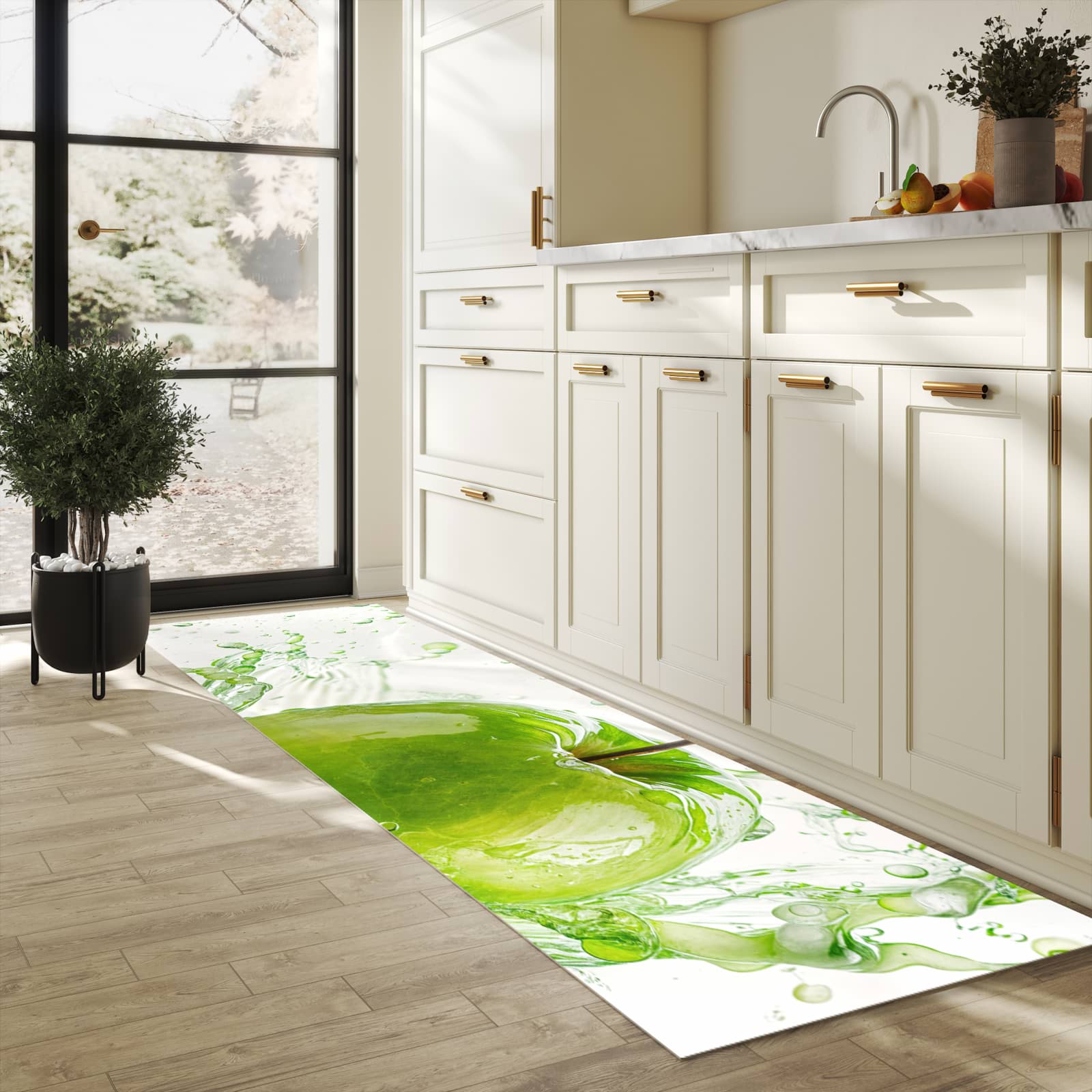 Schmutzabweisender Küchenläufer mit Motiv Splash Apfel in heller Küche