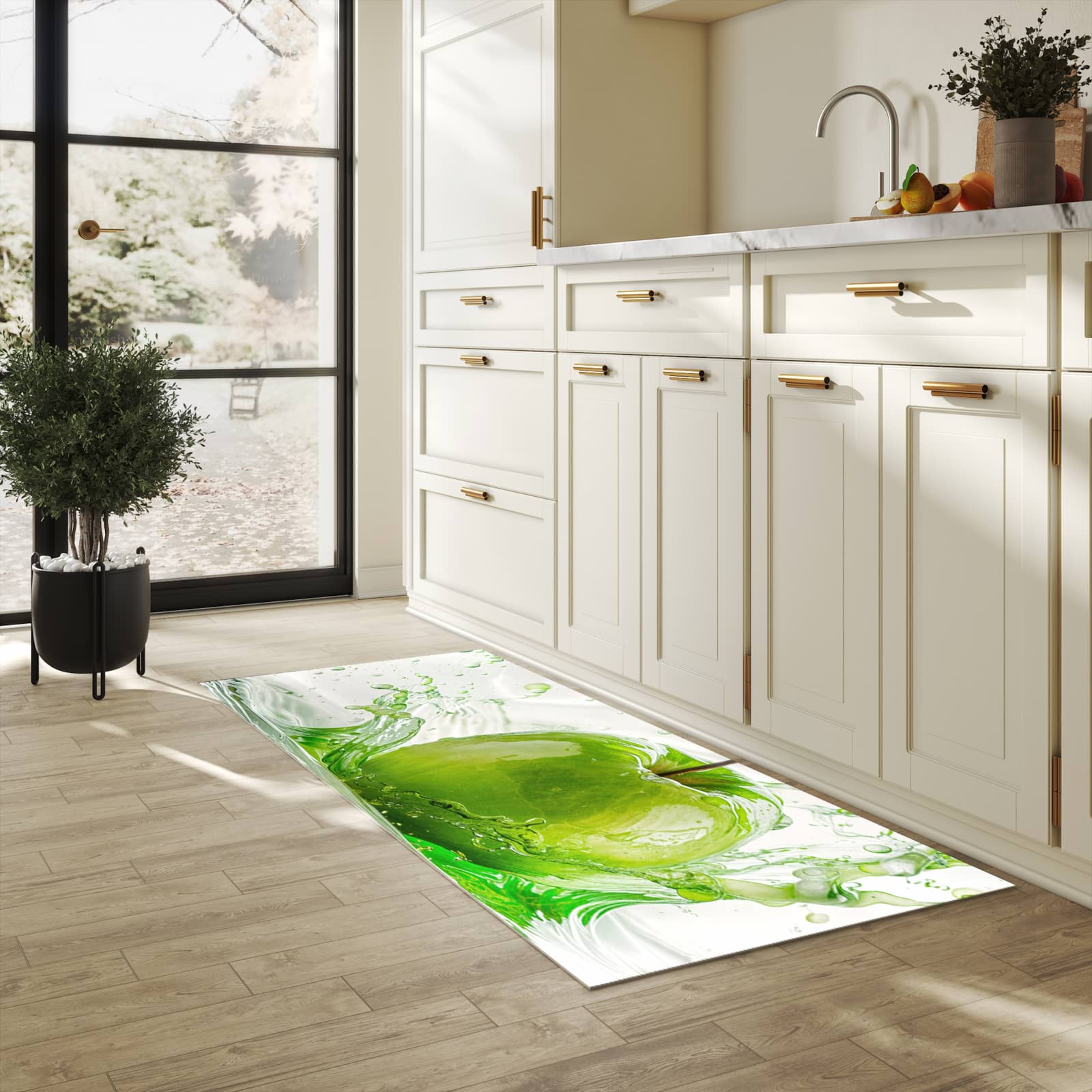 Waschbarer Küchenteppich mit Motiv Splash Apfel für Trittkomfort in heller Küche