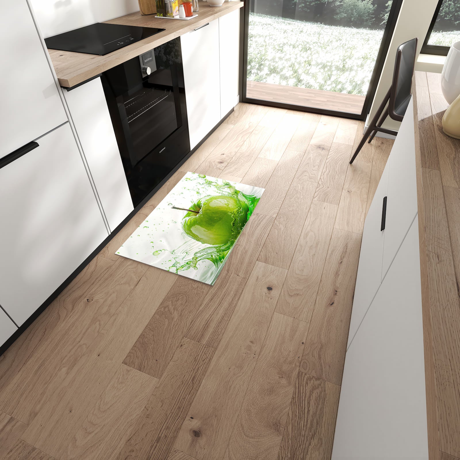 Feuchtigkeitsresistenter Küchenläufer mit Motiv Splash Apfel in moderner Küche