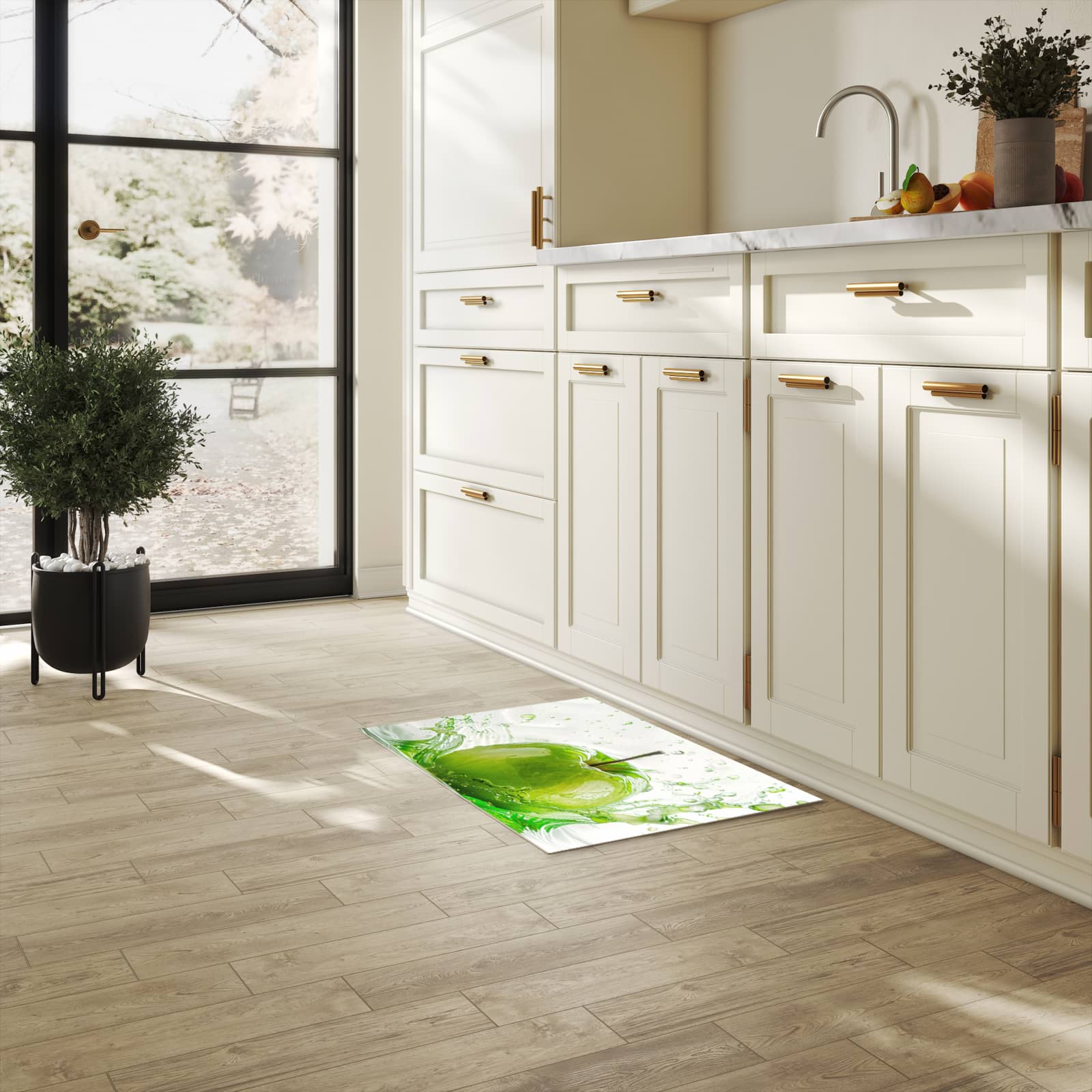 UV-beständiger Küchenteppich mit Motiv Splash Apfel in heller Küche
