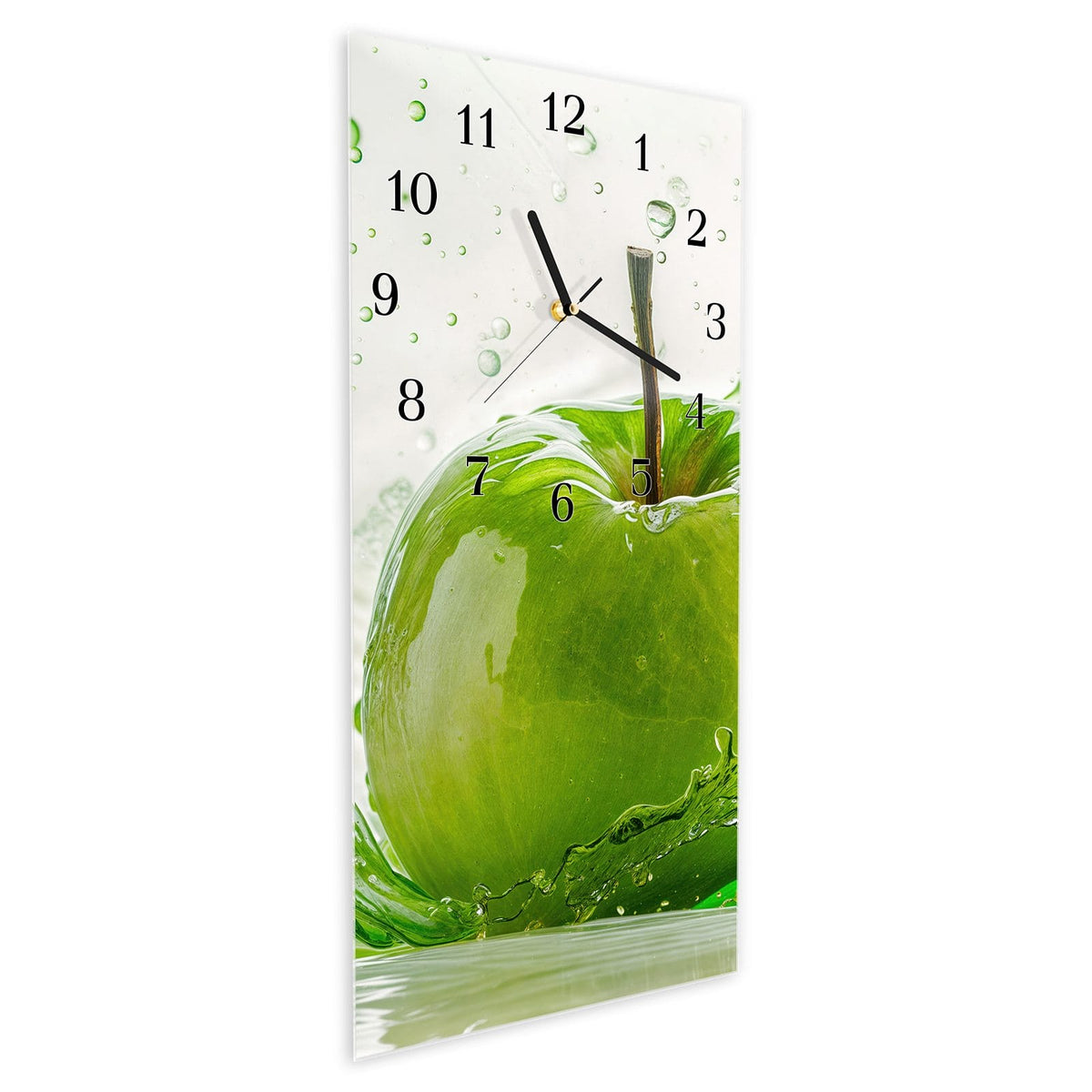 Vormontiert – mit Schwebeeffekt – Wanduhr Apfel Spritzer aus Glas – Hochformat 30 × 60 cm