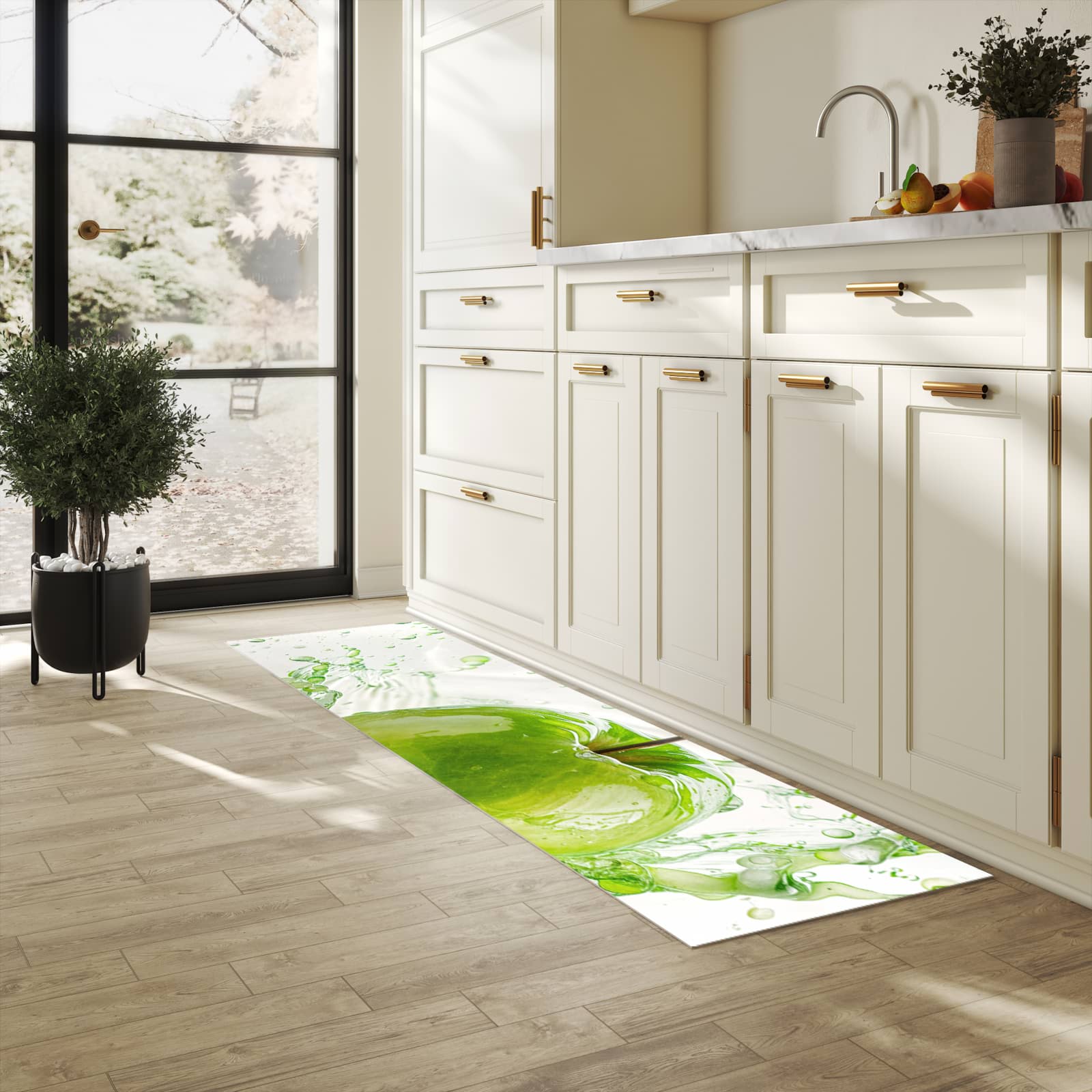 Zeitsparender Küchenteppich mit Motiv Splash Apfel in heller Küche - leicht waschbar