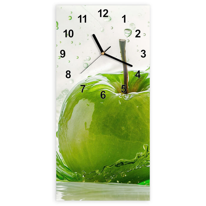 Wanduhr Apfel Spritzer aus Glas – Hochformat 30 × 60 cm mit Ziffernblatt Modern
