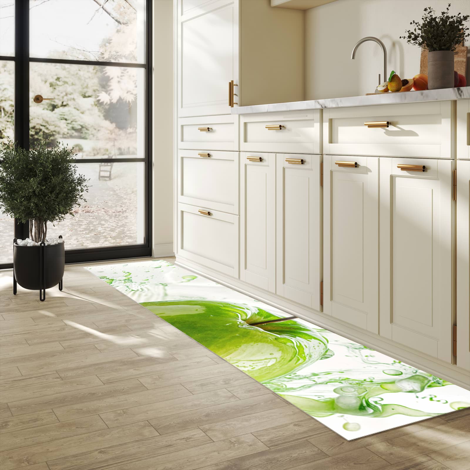 Abriebfester großer Küchenteppich mit Motiv Splash Apfel in heller Küche
