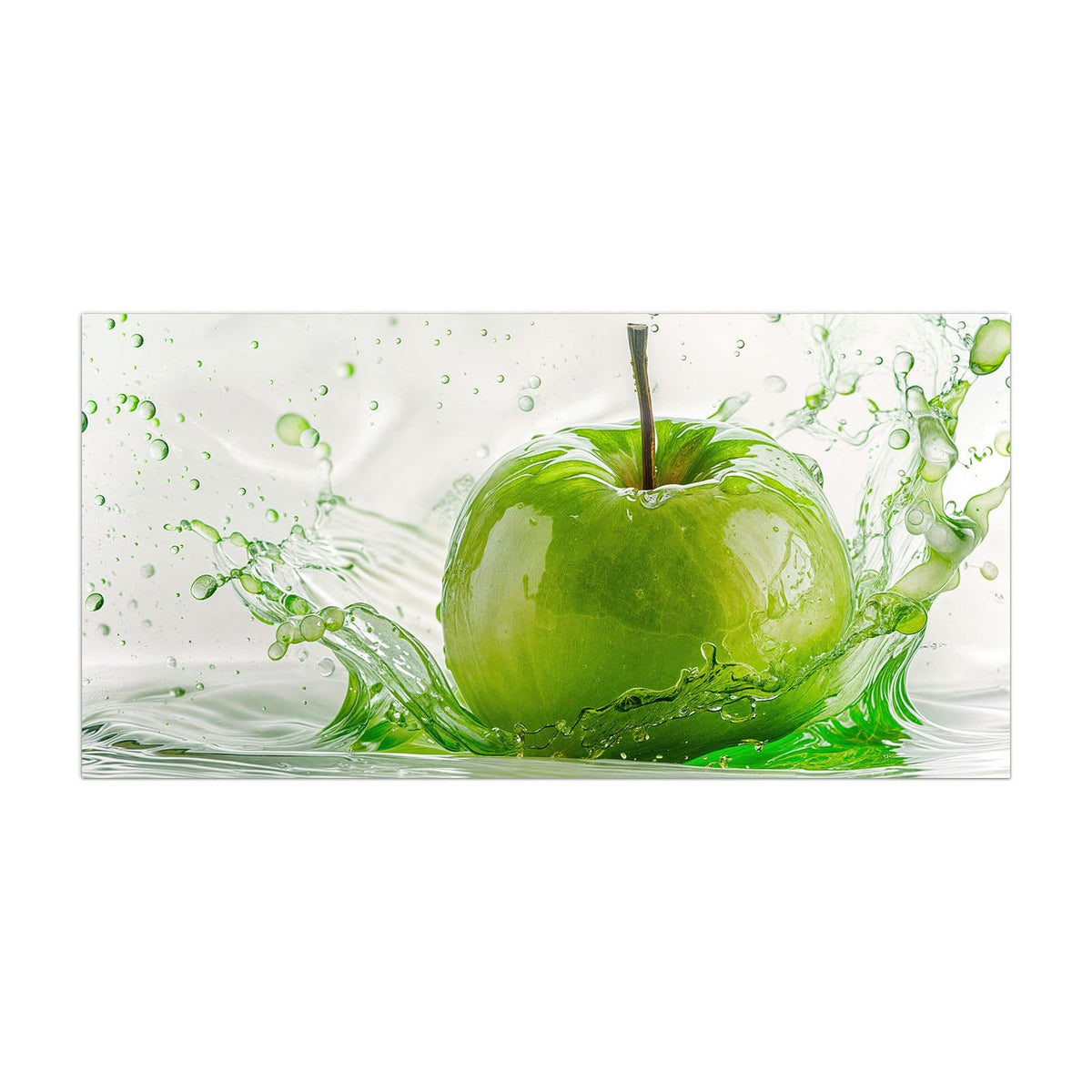 Küchenrückwand aus Glas Grüner Apfel im Spritzer im Hochformat, Motiv bildfüllend von vorn