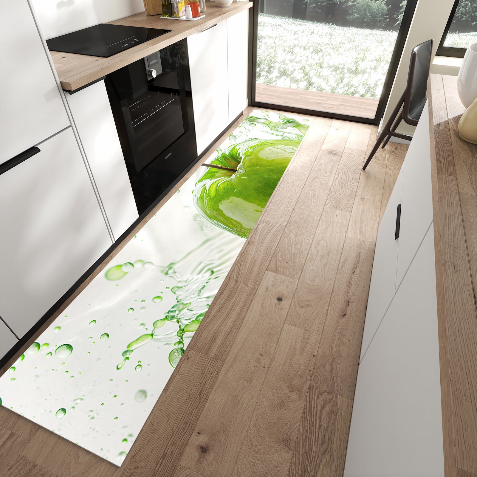 Rutschfester Küchenteppich mit Motiv Splash Apfel in moderner Küche