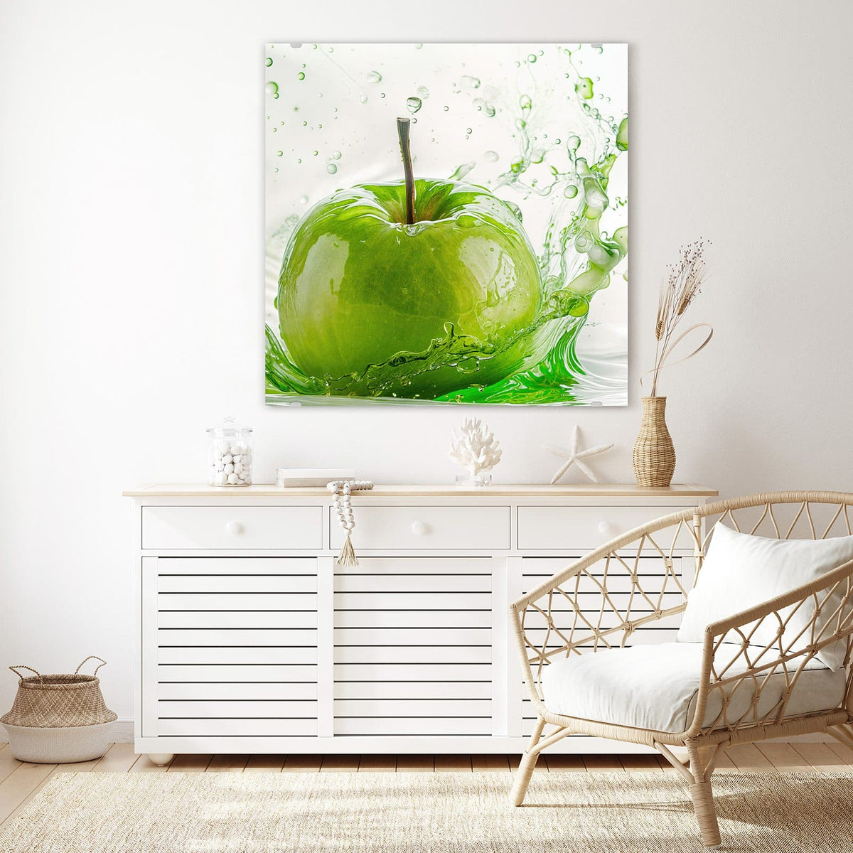 Echtglas, 4 mm – kein Acryl, keine Folie – Wandbild - Grüner Apfel im Spritzer - Quadratisch