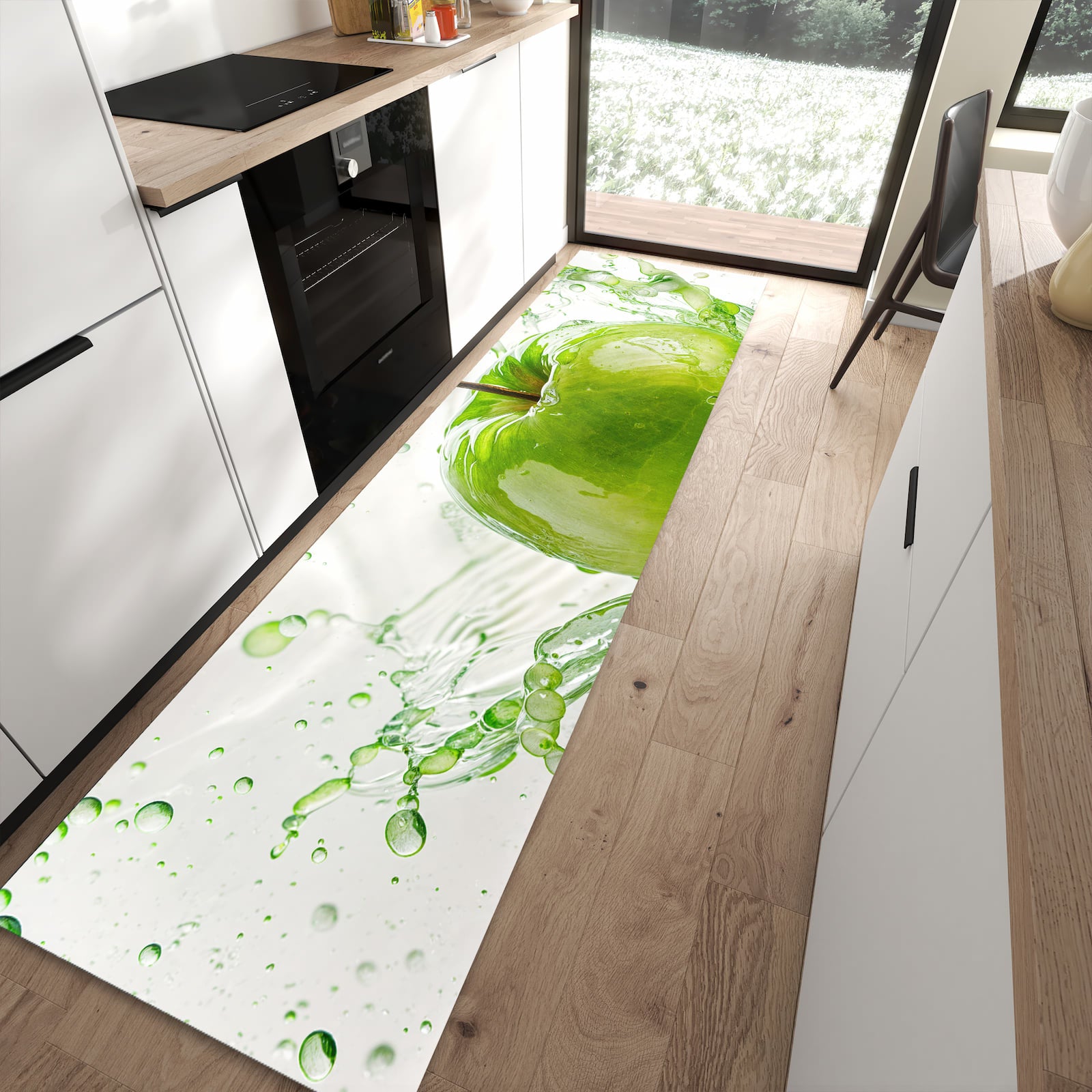 Farbbeständiger rutschfester Küchenläufer mit Motiv Splash Apfel in moderner Küche
