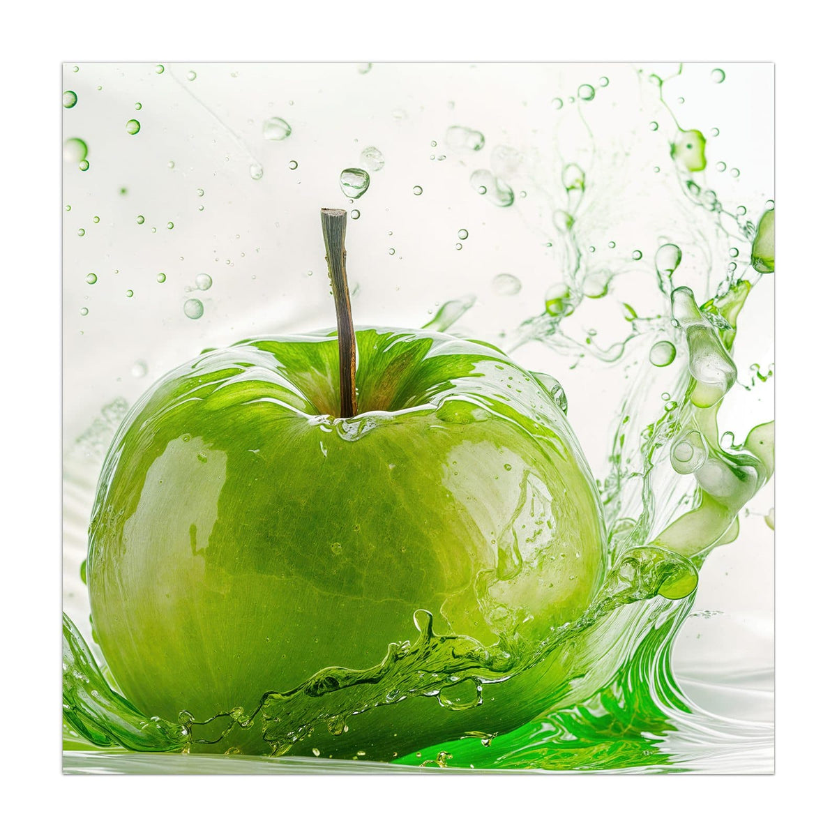 Grüner Apfel, der in einen grünen Wasserspritzer fällt, heller Hintergrund