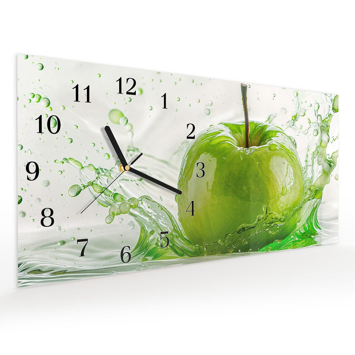 Vormontiert – mit Schwebeeffekt – Wanduhr Apfel Spritzer aus Glas – Querformat 60 × 30 cm