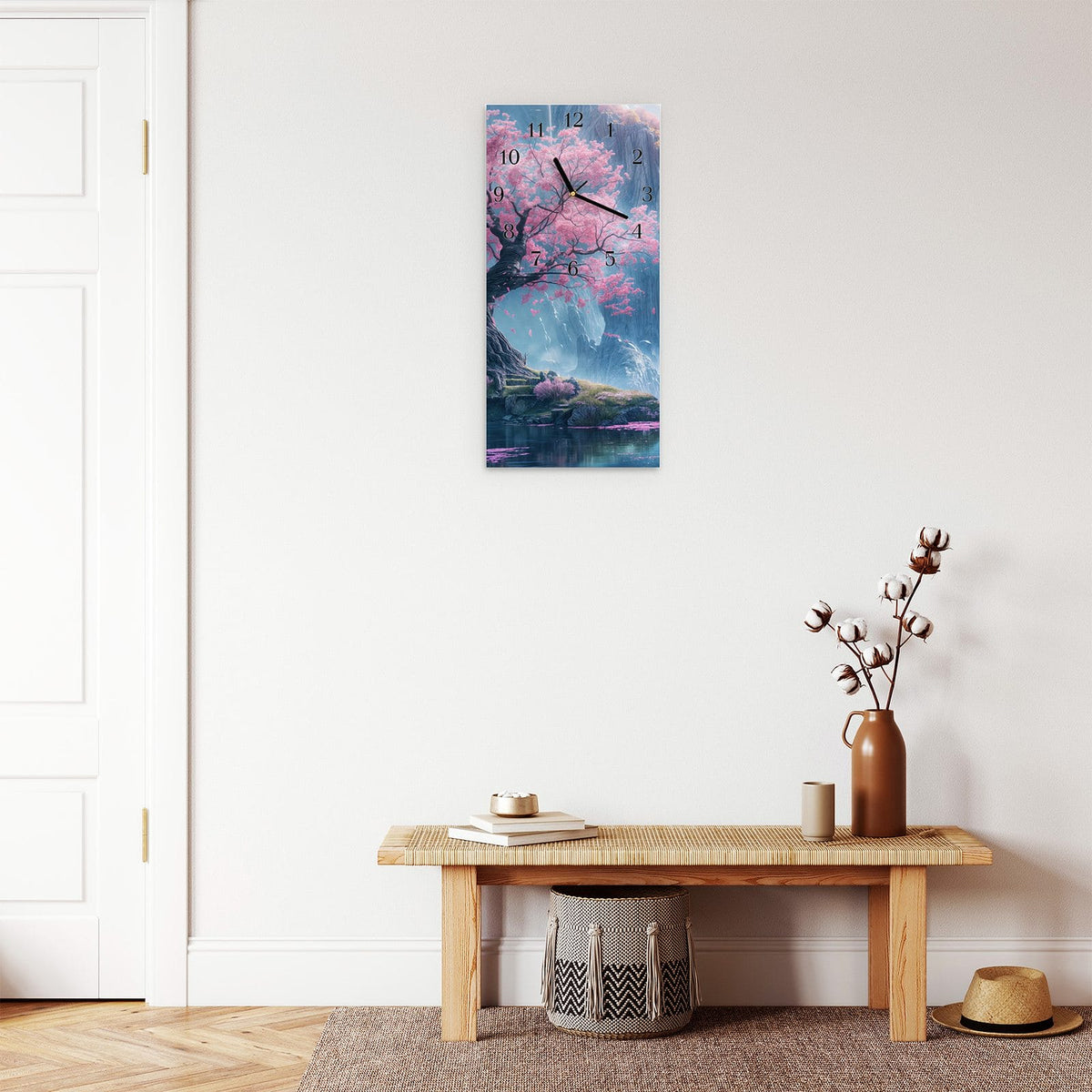 Moderne Wanduhr aus Glas mit Farbtiefe – Wanduhr Zauberhafte Landschaft aus Glas – Hochformat 30 × 60 cm