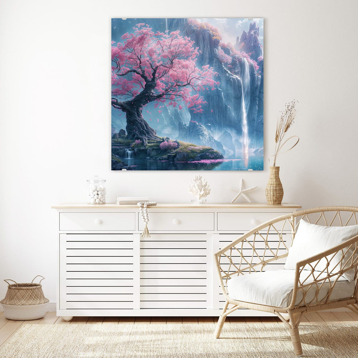 Echtglas, 4 mm – kein Acryl, keine Folie – Wandbild - Blütenbaum am Wasserfall - Quadratisch