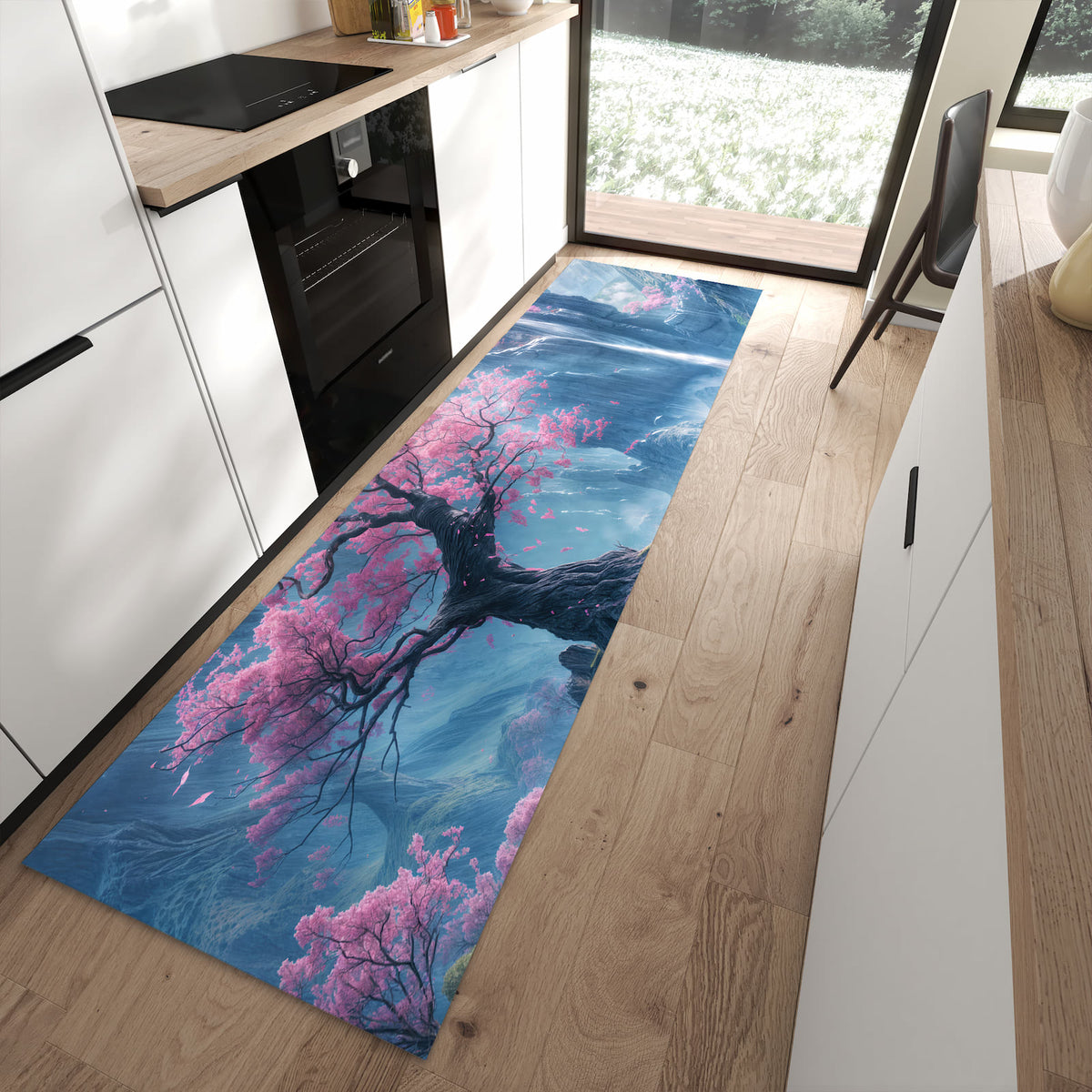 Pflegeleichter Küchenteppich mit Motiv Zauberhafte Landschaft in moderner Küche