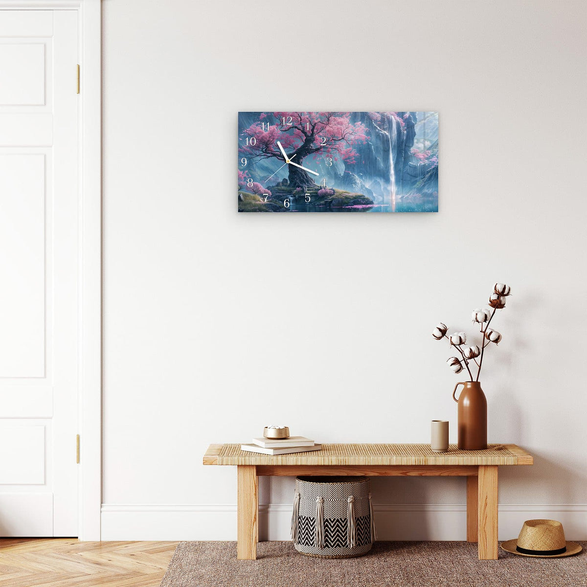Moderne Wanduhr aus Glas mit Farbtiefe – Wanduhr Zauberhafte Landschaft aus Glas – Querformat 60 × 30 cm