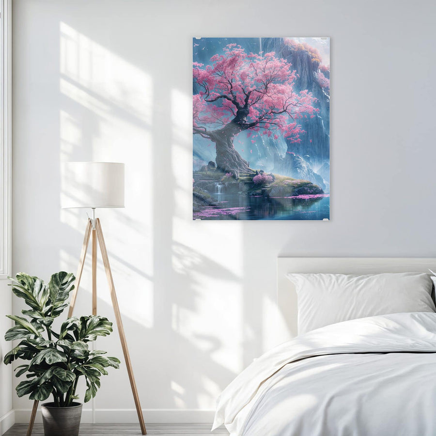Maße Wandbild - Blütenbaum am Wasserfall - Hochformat