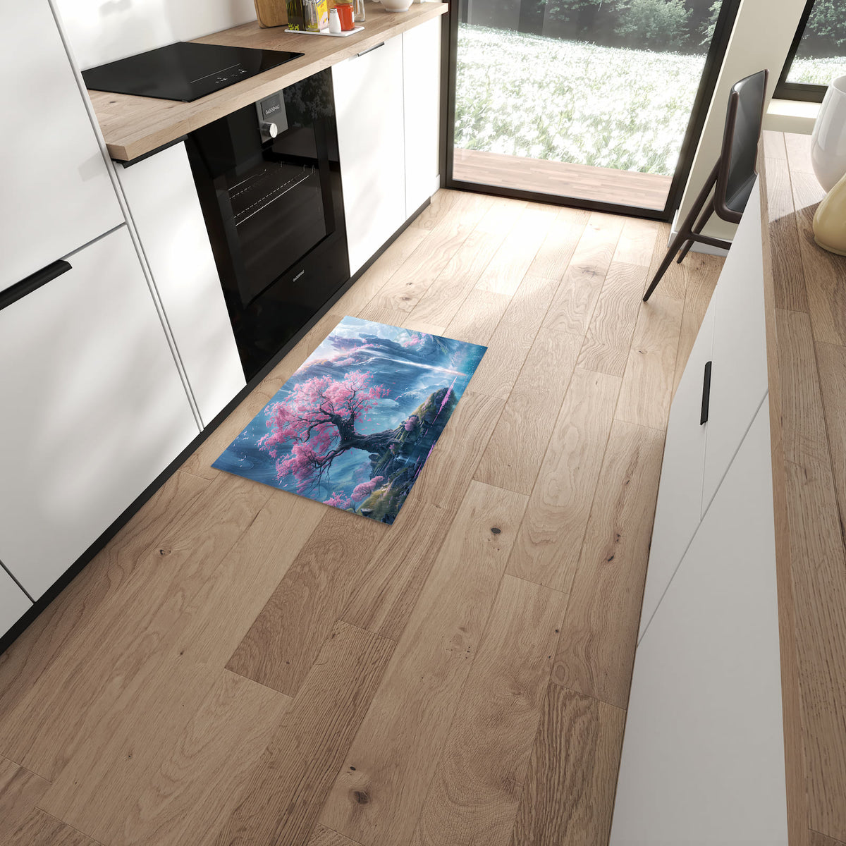 Geruchsneutraler rutschfester Küchenteppich mit Motiv Zauberhafte Landschaft in moderner Küche