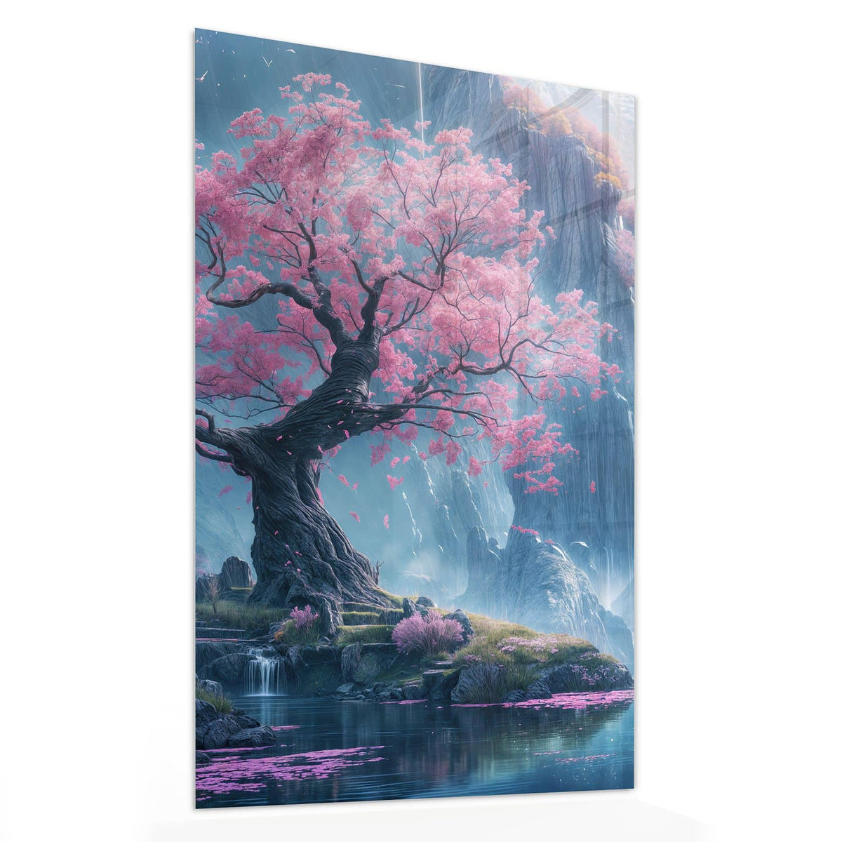 11 Größen – von 30 × 60 bis 60 × 150 cm – Wandbild - Blütenbaum am Wasserfall - Hochformat