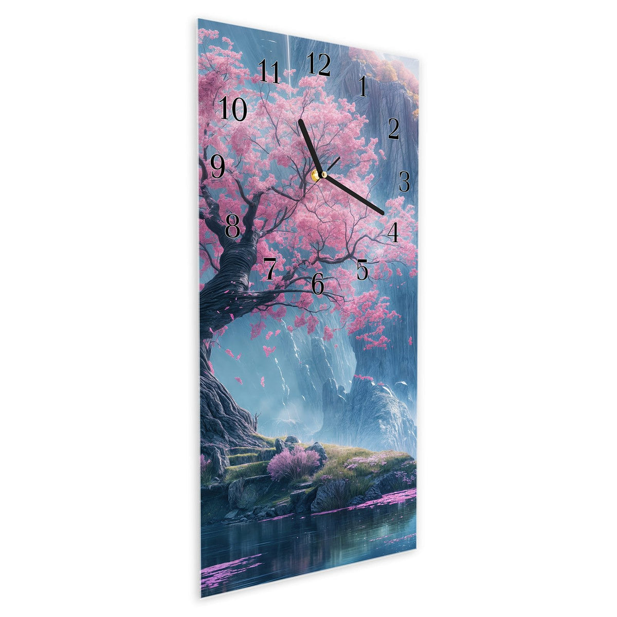 Vormontiert – mit Schwebeeffekt – Wanduhr Zauberhafte Landschaft aus Glas – Hochformat 30 × 60 cm