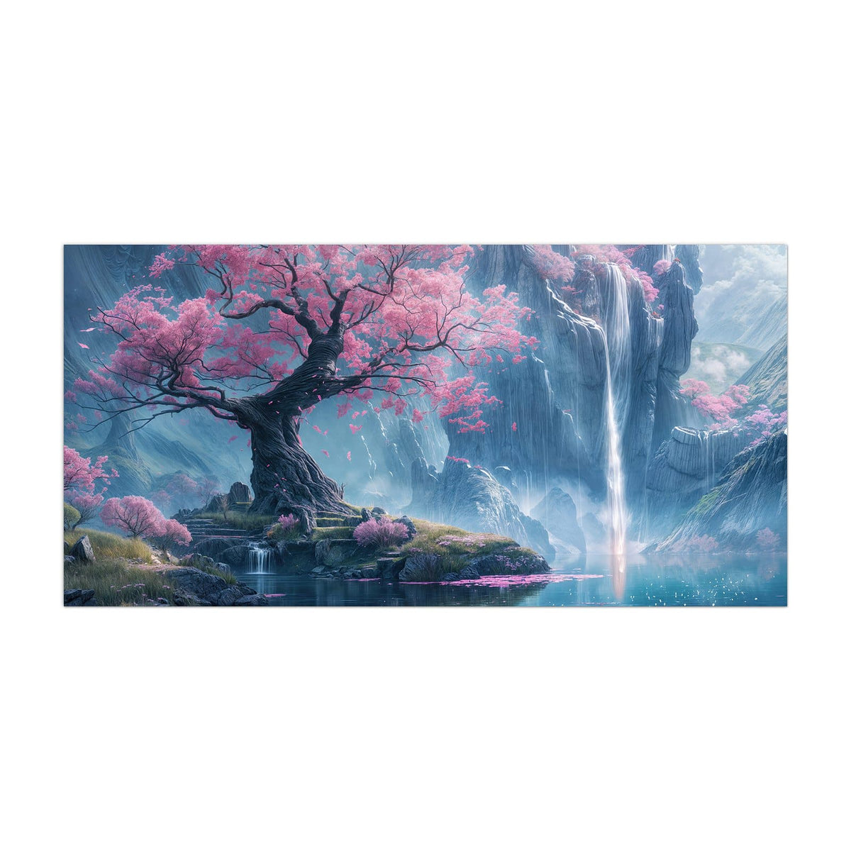 Küchenrückwand aus Glas Blütenbaum am Wasserfall im Hochformat, Motiv bildfüllend von vorn