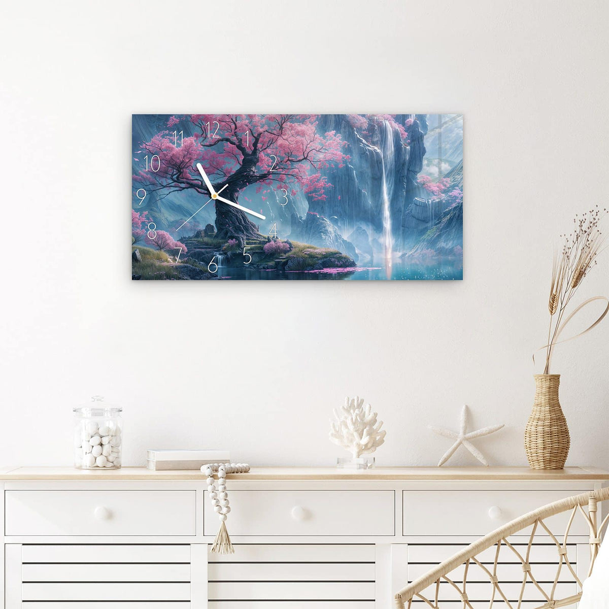 Wanduhr Zauberhafte Landschaft aus Glas – Querformat 60 × 30 cm – Kirschblütenbaum am Wasserfall