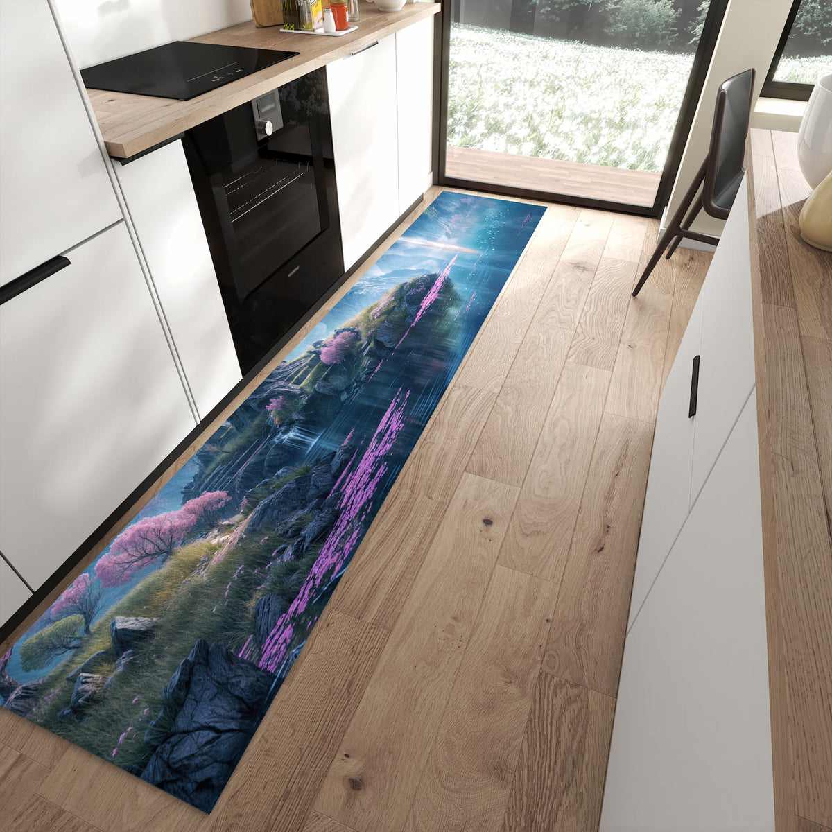 Schmutzabweisender Teppich für Esstisch mit Motiv Zauberhafte Landschaft in moderner Küche