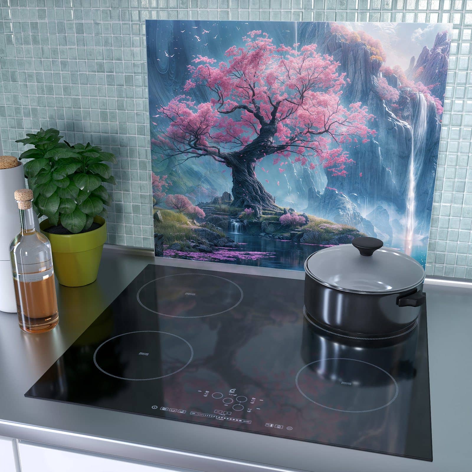 1-teilige Ceranfeldabdeckung mit Zauberhafte Landschaft-Motiv als Spritzschutz hinter dem Kochfeld