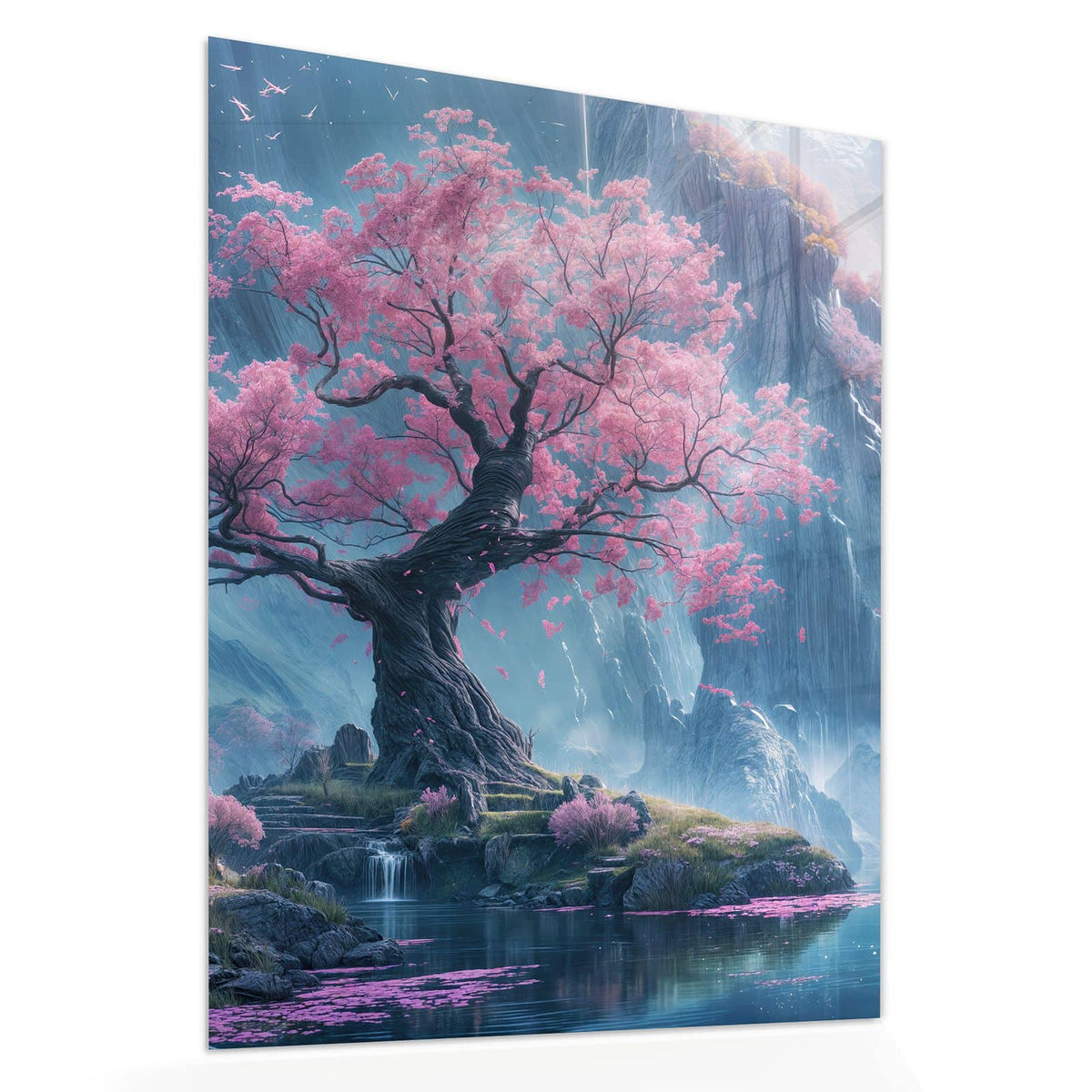Echtglas, 4 mm – kein Acryl, keine Folie – Wandbild - Blütenbaum am Wasserfall - Hochformat