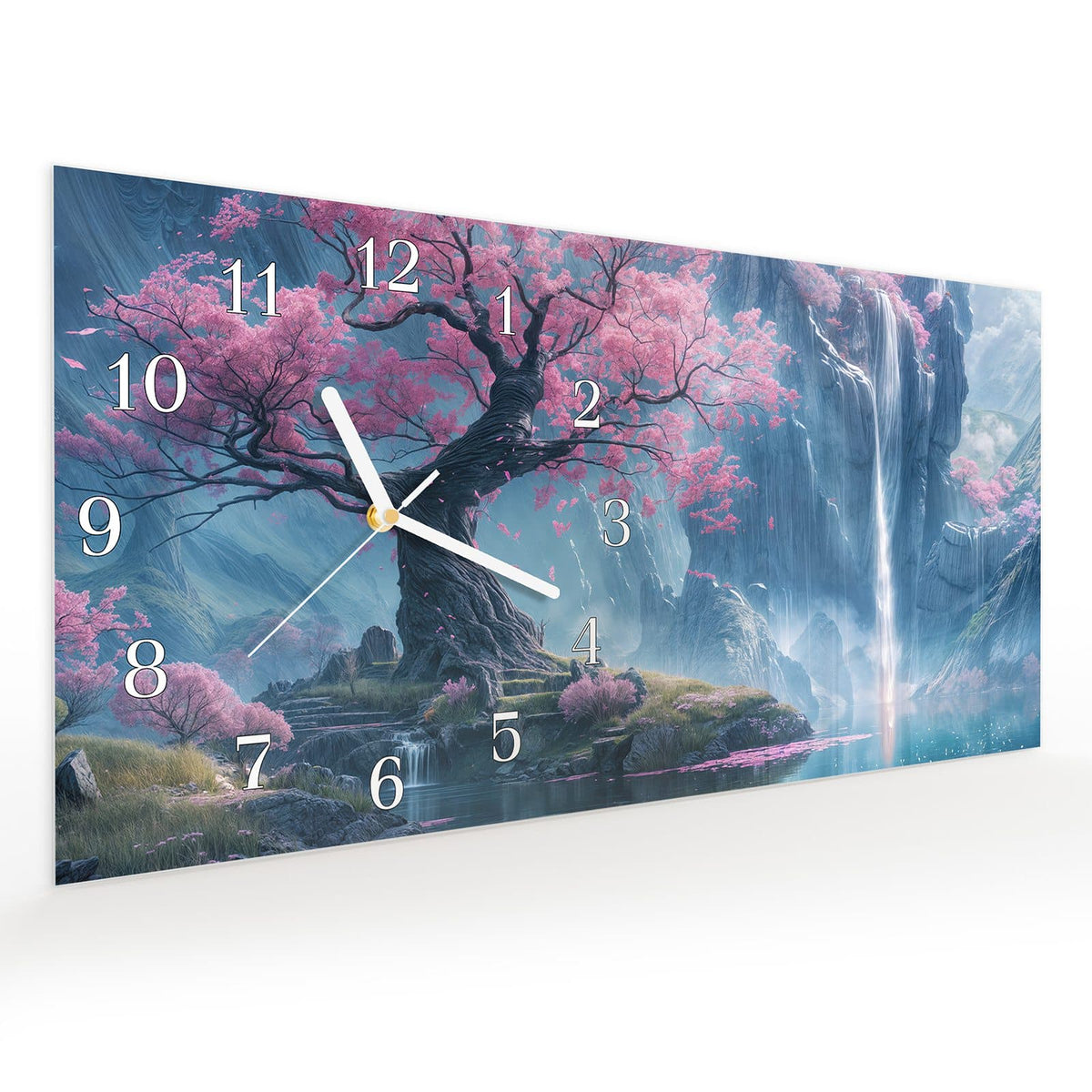 Vormontiert – mit Schwebeeffekt – Wanduhr Zauberhafte Landschaft aus Glas – Querformat 60 × 30 cm